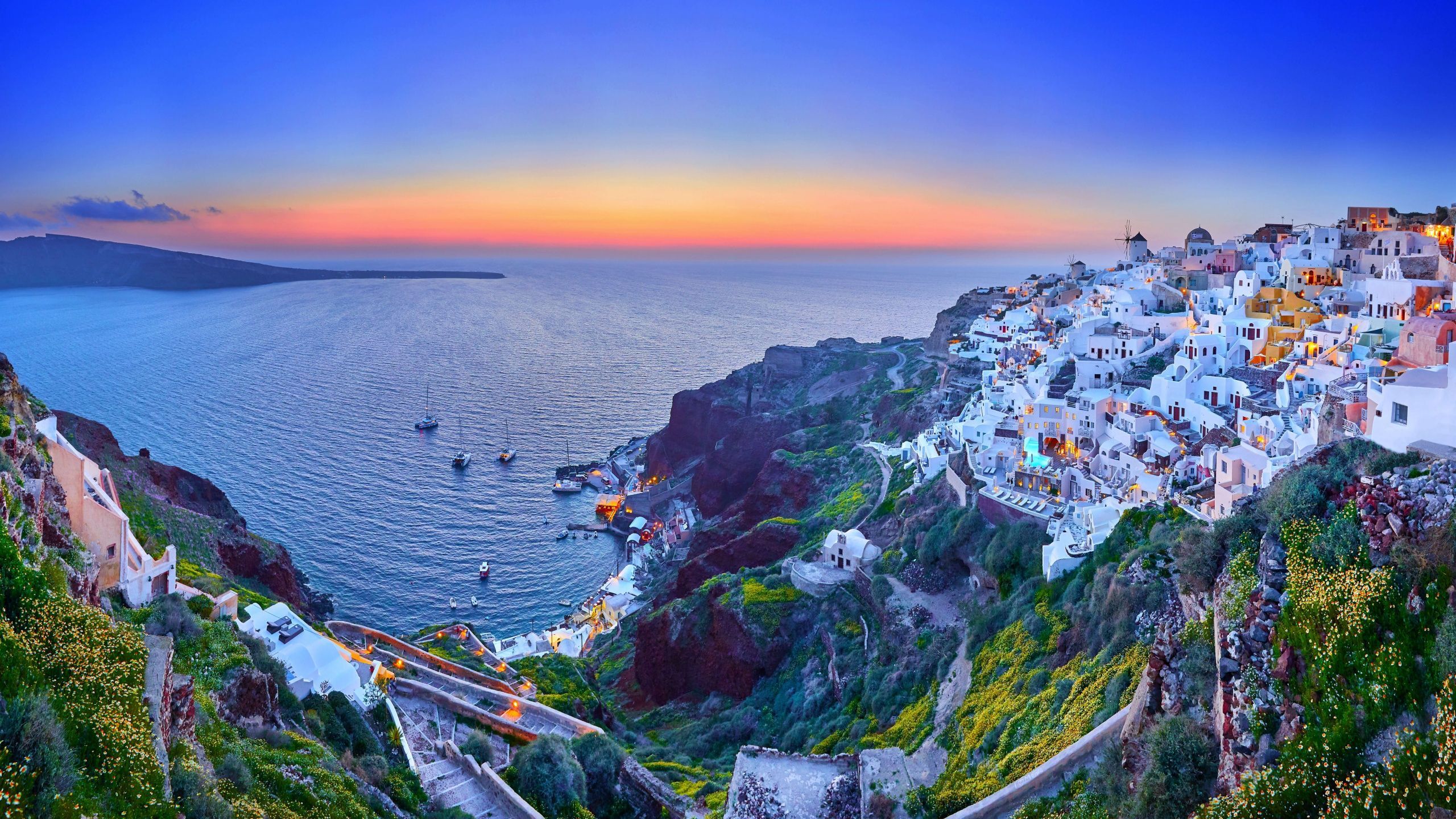 2560x1440 Santorini Island Wallpaper 4K, Thira