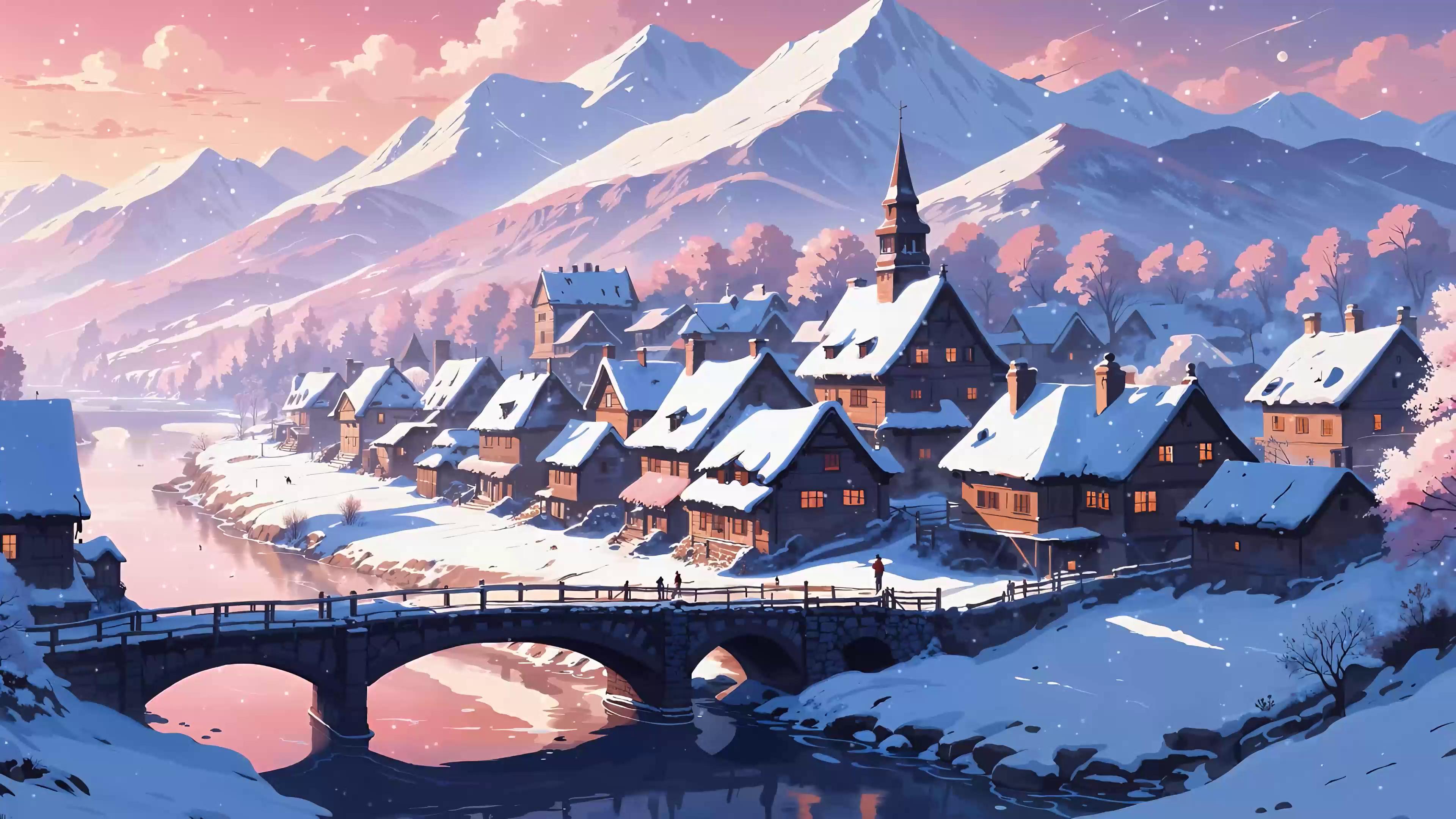 3840x2160 Snowy Town Live Wallpaper