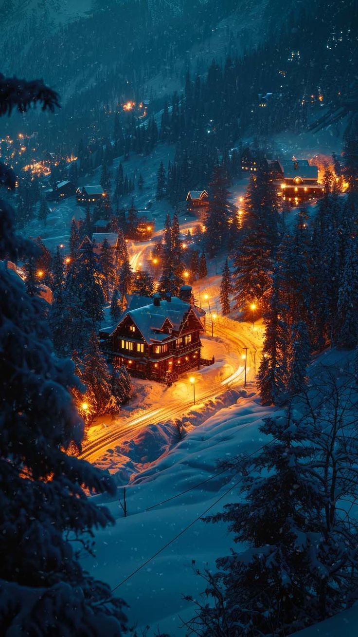 736x1308 Snowfall Night Village iPhone Wallpaper