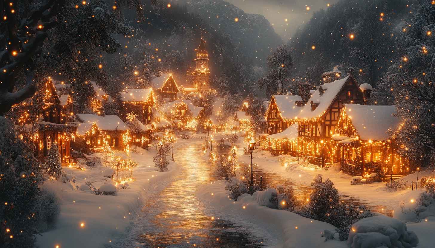 1456x832 Snowy Village Christmas Lights Winter