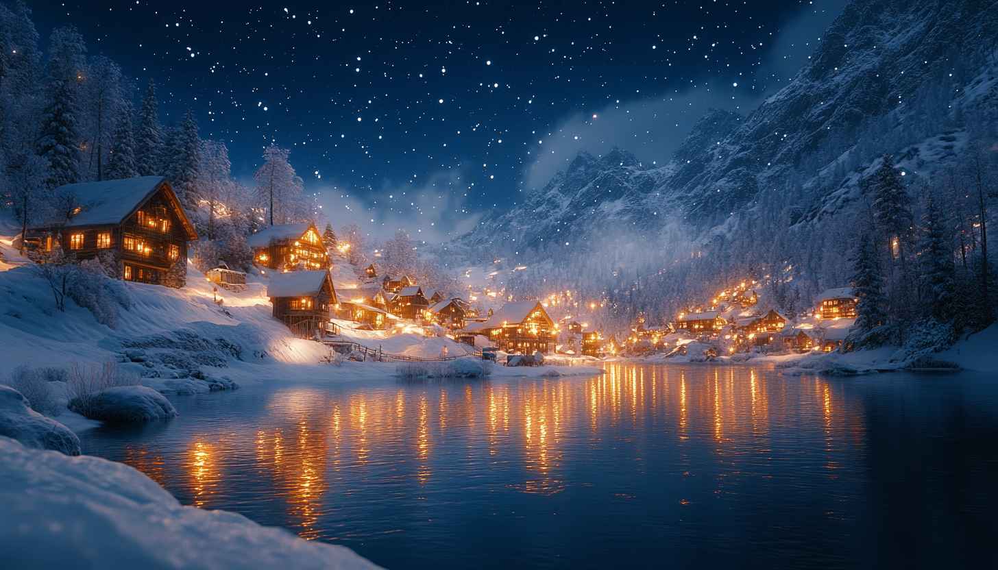 1456x832 Snowy Village Lake Night 4K Desktop