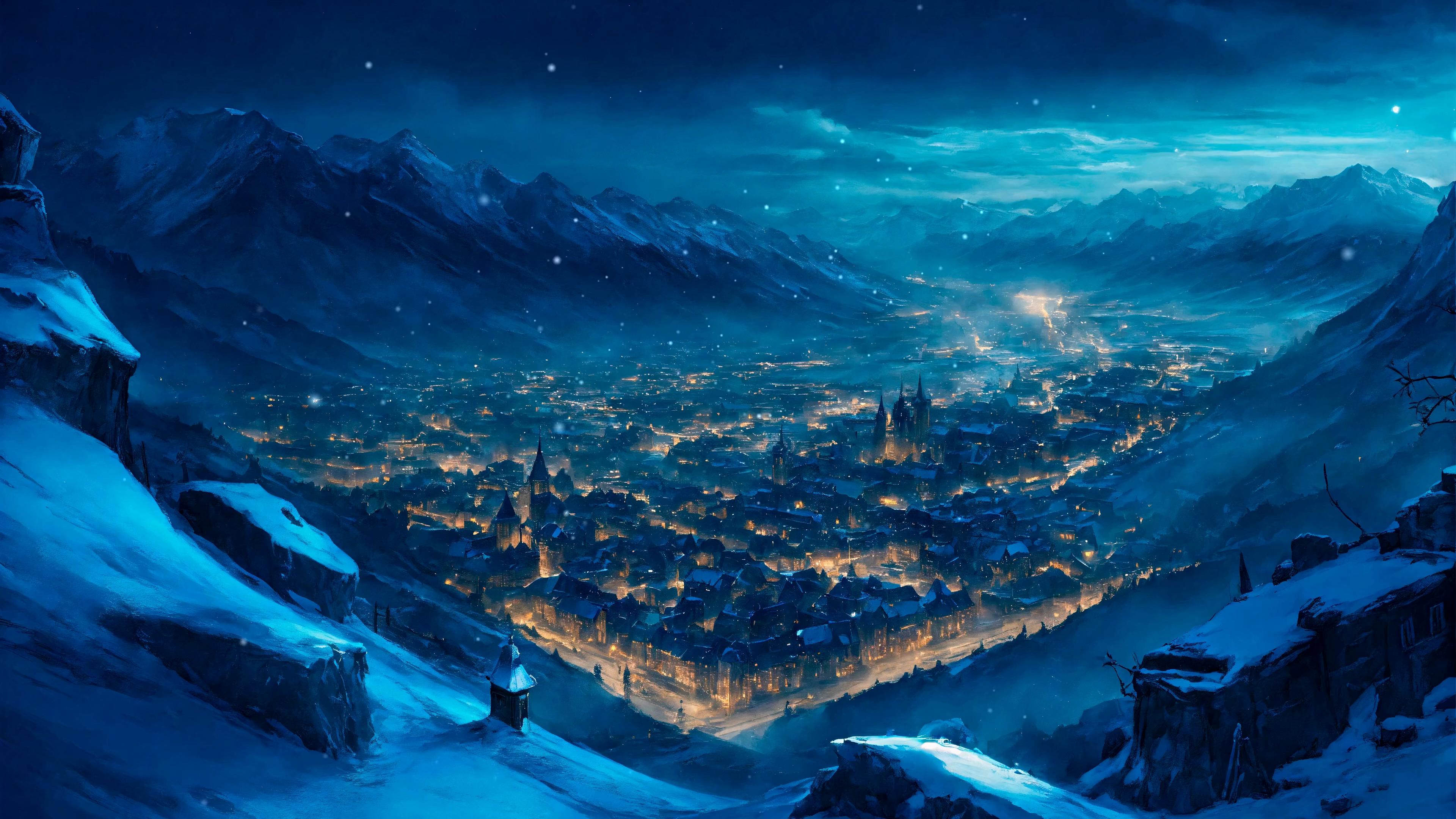 3840x2160 Snowy Town Glow Live Wallpaper