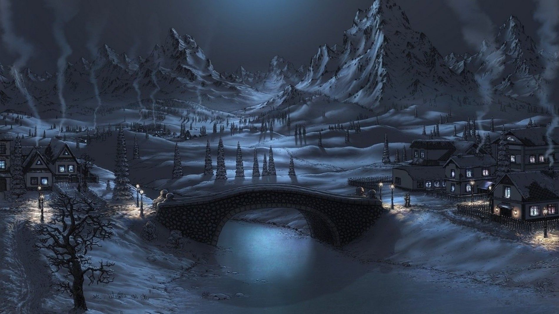 1900x1068 Snow Bridge Town Artistic Winter Wallpaper