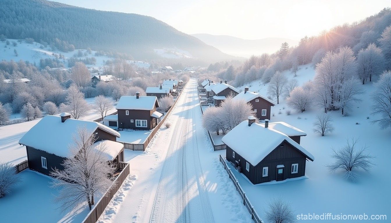 1344x768 Snowy Village Winter Scene Aerial View