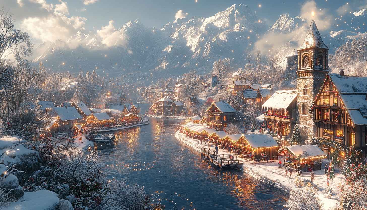 1456x832 Snowy Village River 4K Desktop