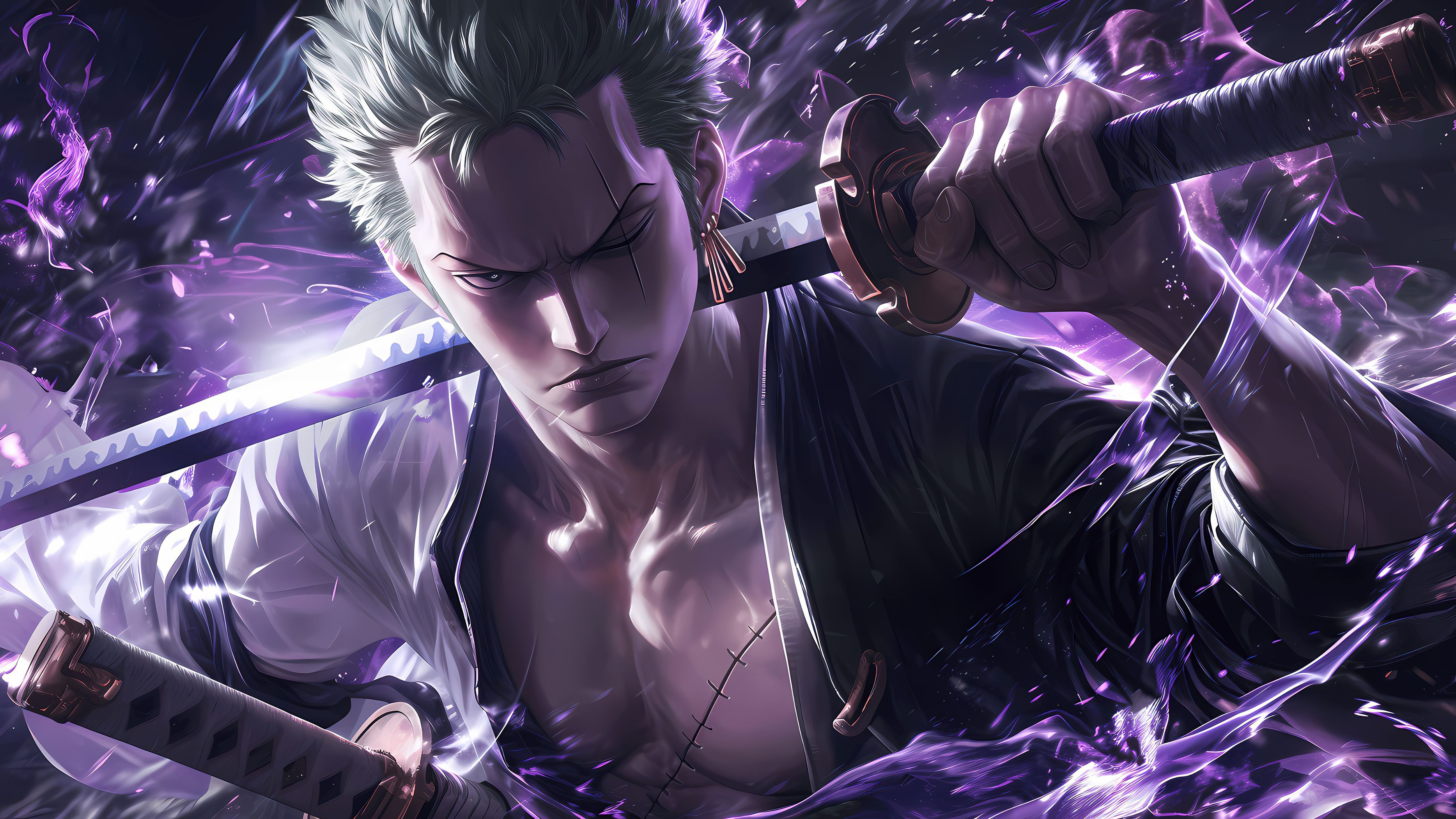 5120x2880 Roronoa Zoro Wallpaper 4K, Purple aesthetic, 5K, AI art