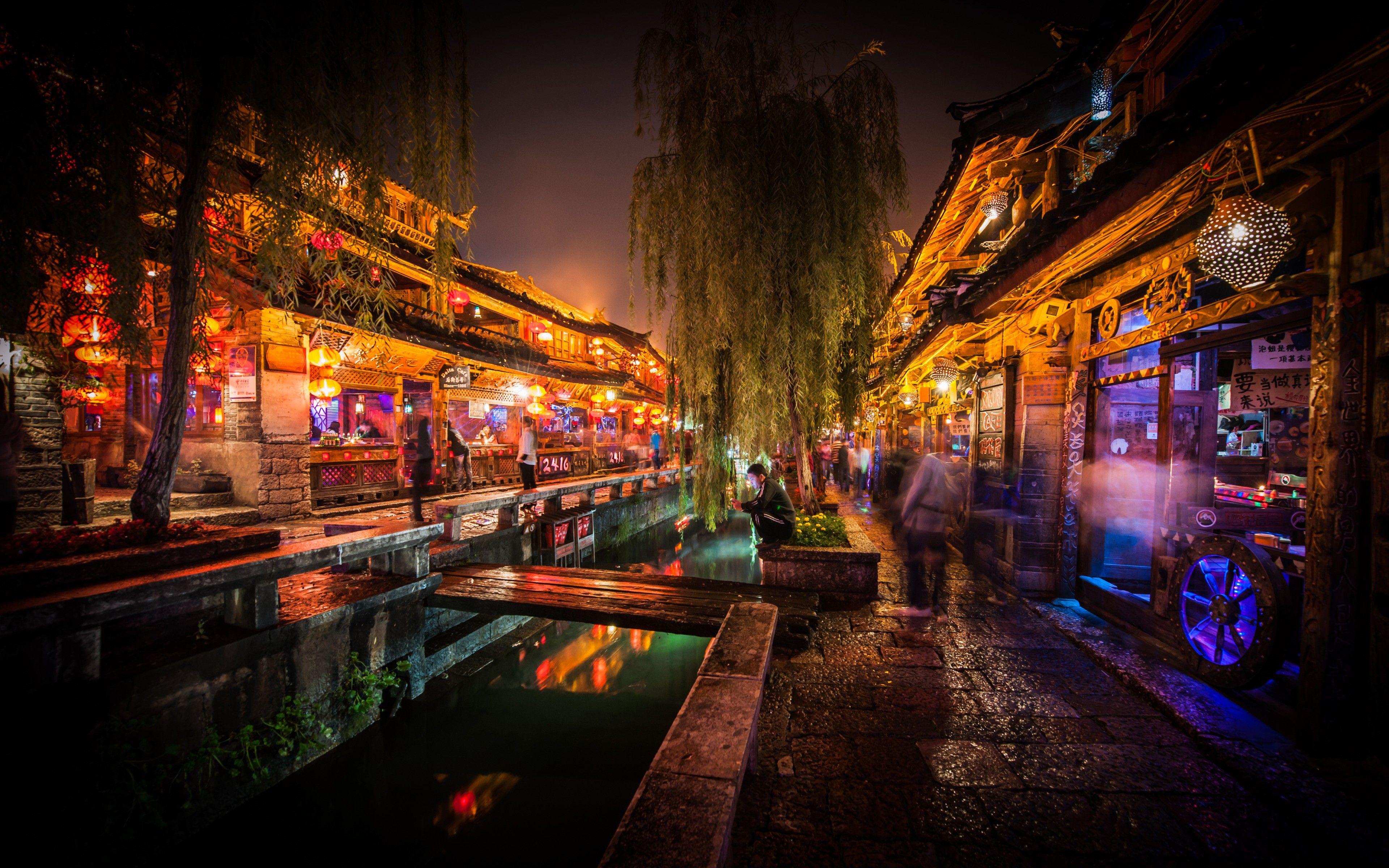 3840x2400 light, trees, dark, night, China, market, city lights, long exposure