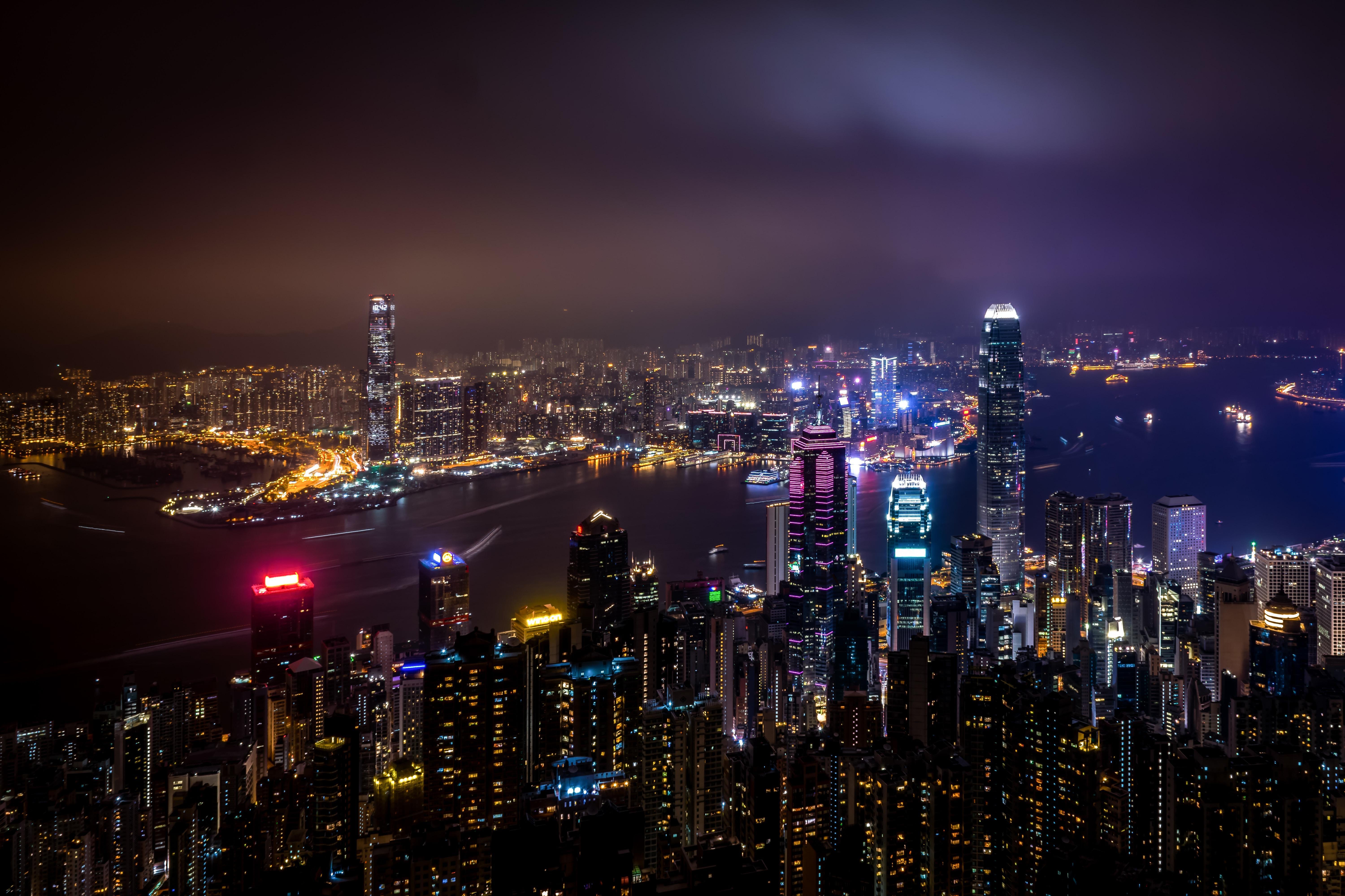 6000x4000 wallpaper hong kong, china, skyscrapers, night city, city lights HD