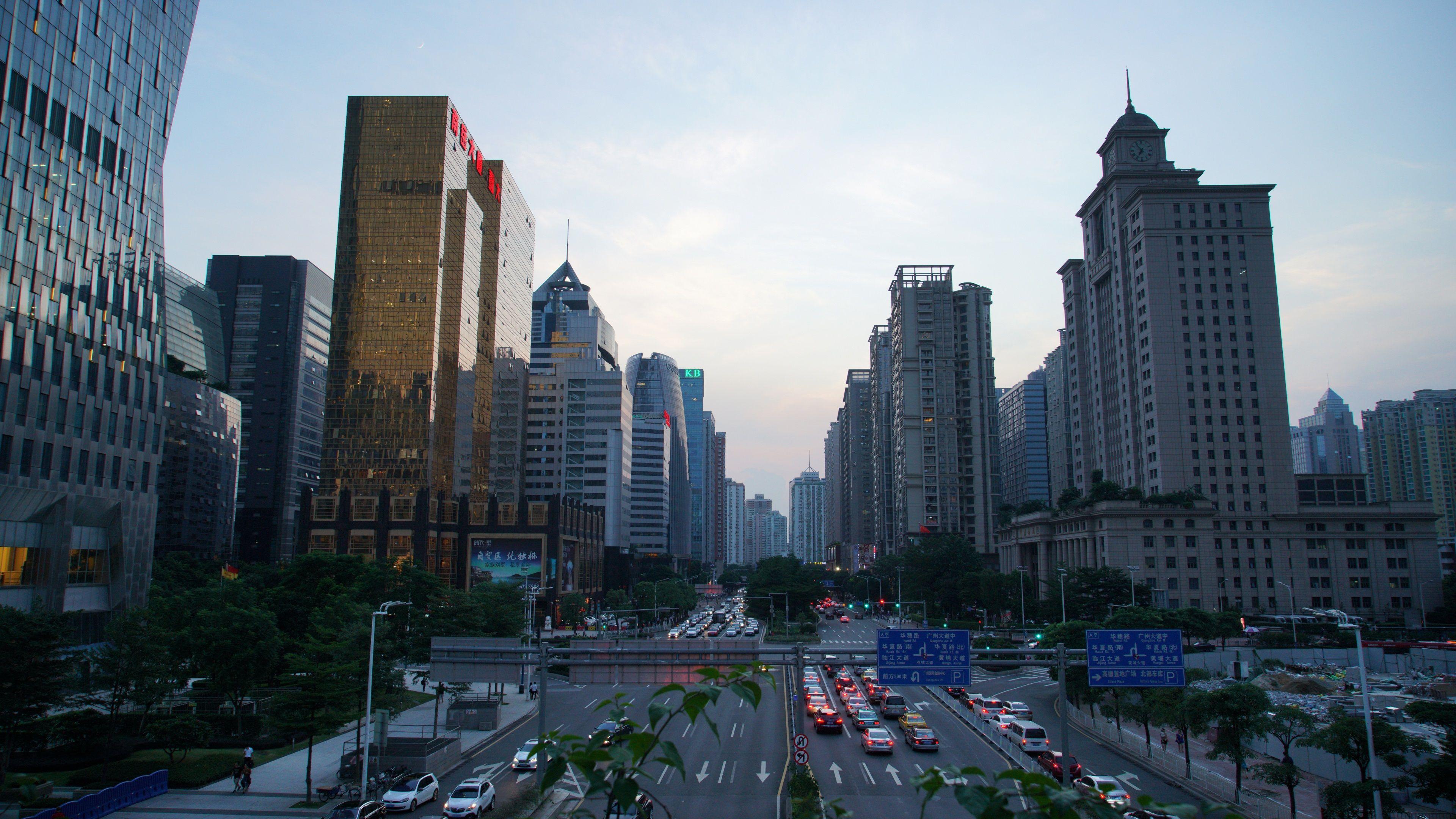 3840x2160 Chinese Cities, Guangzhou, Dusk, High Rise Buildings, Traffic