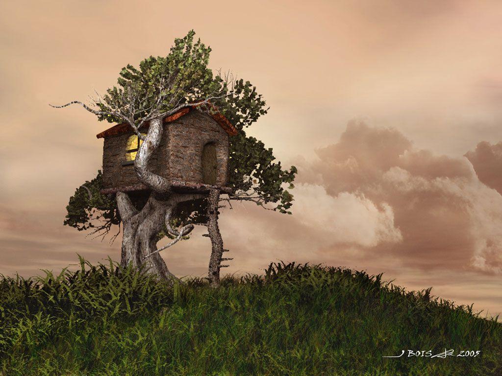 1024x768 Tree House by B. Jerome, 3D Digital Art, Fantasy Art