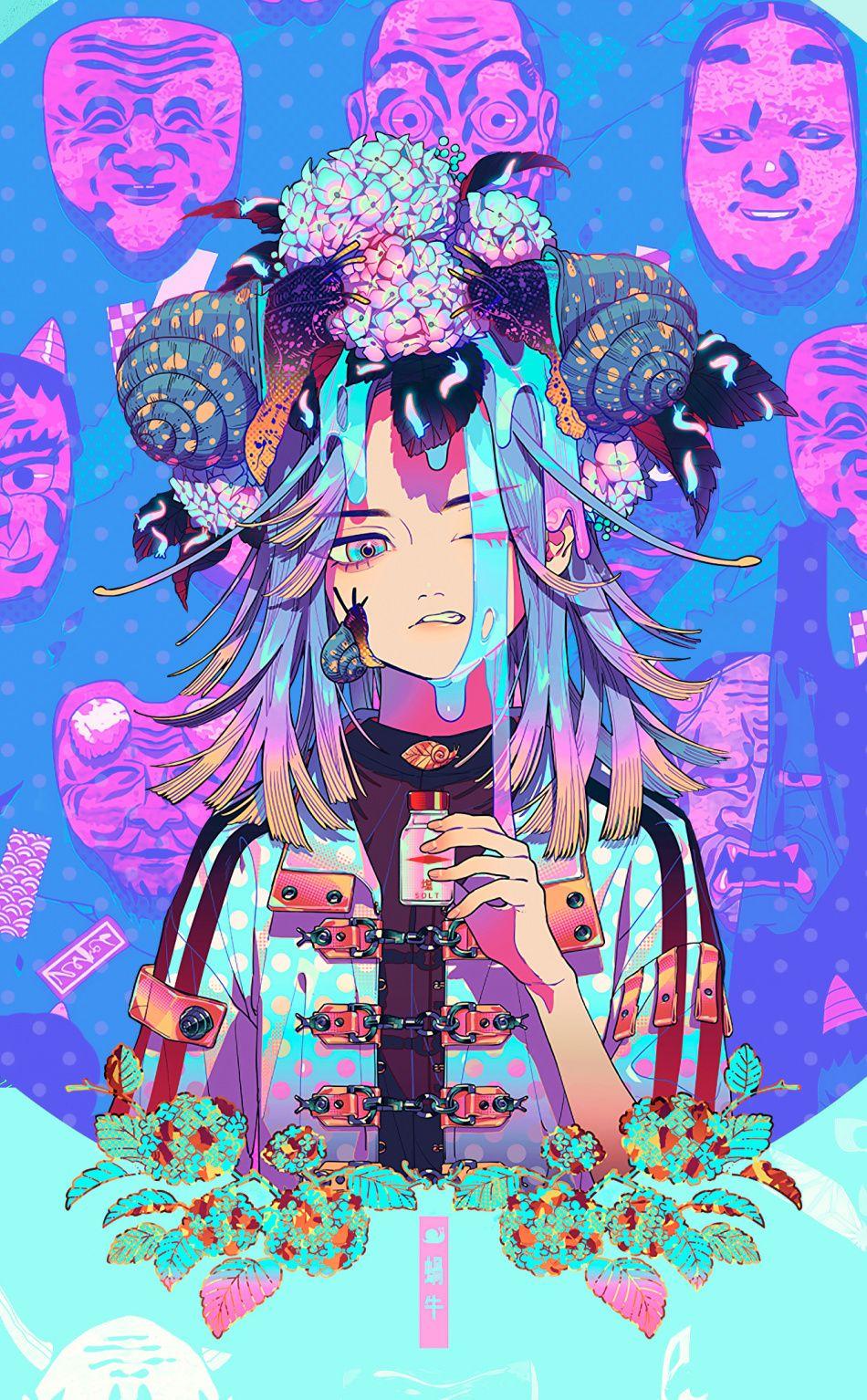 950x1534 Download 950x1534 wallpaper anime, masks, glitch art, aki