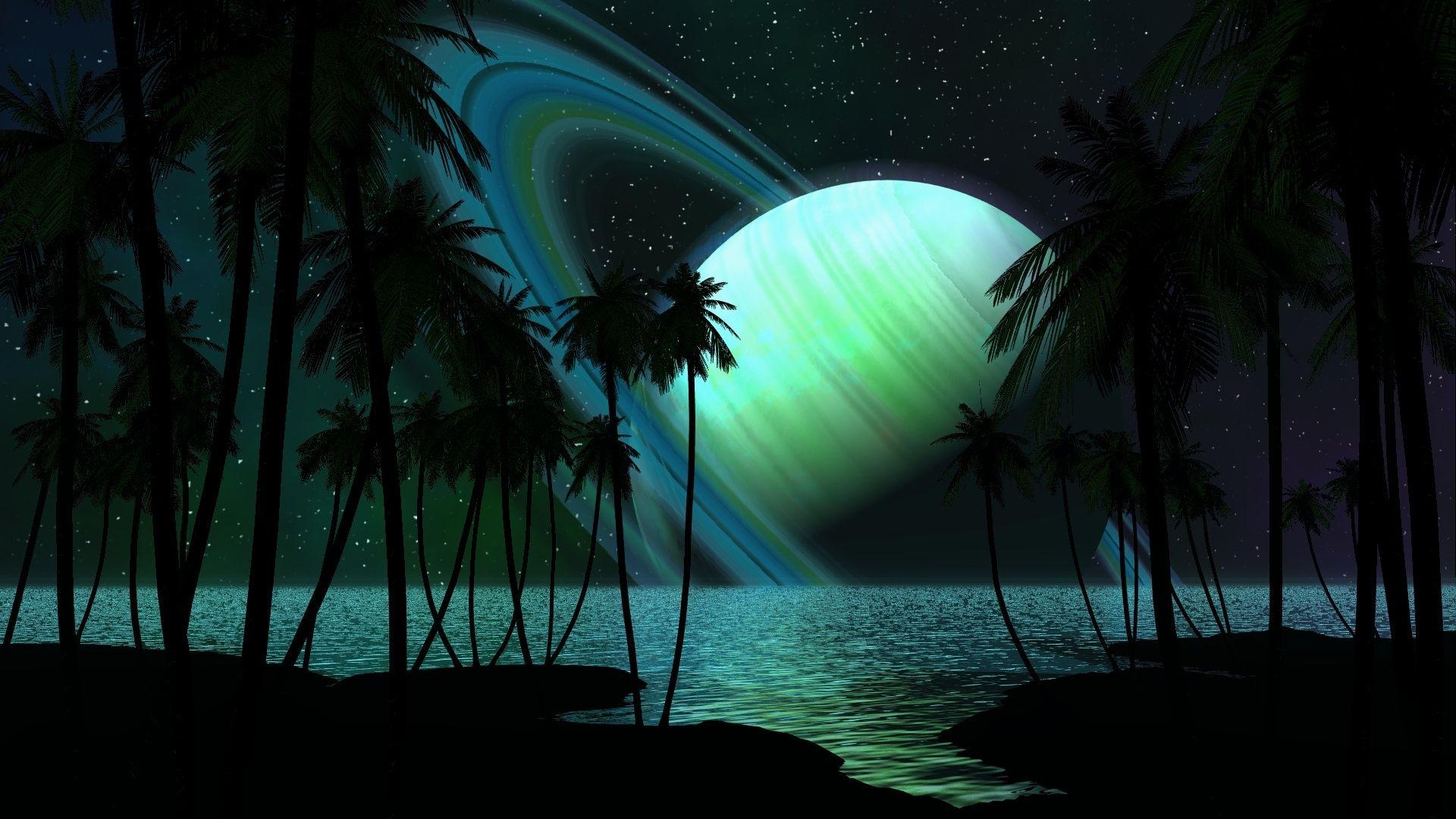 1920x1080 Download Wallpaper 1920x1080 saturn, planet, palm trees, sky, light