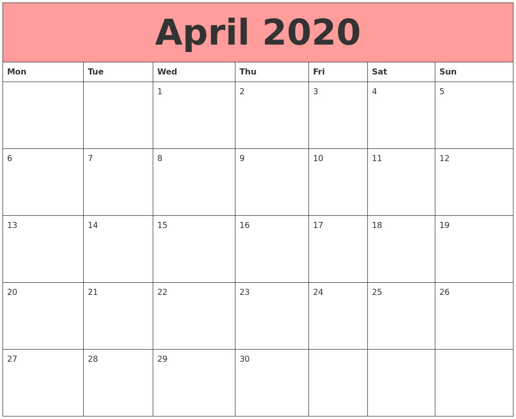 1017x827 Free Printable April Calendar 2020 Editable Template in PDF