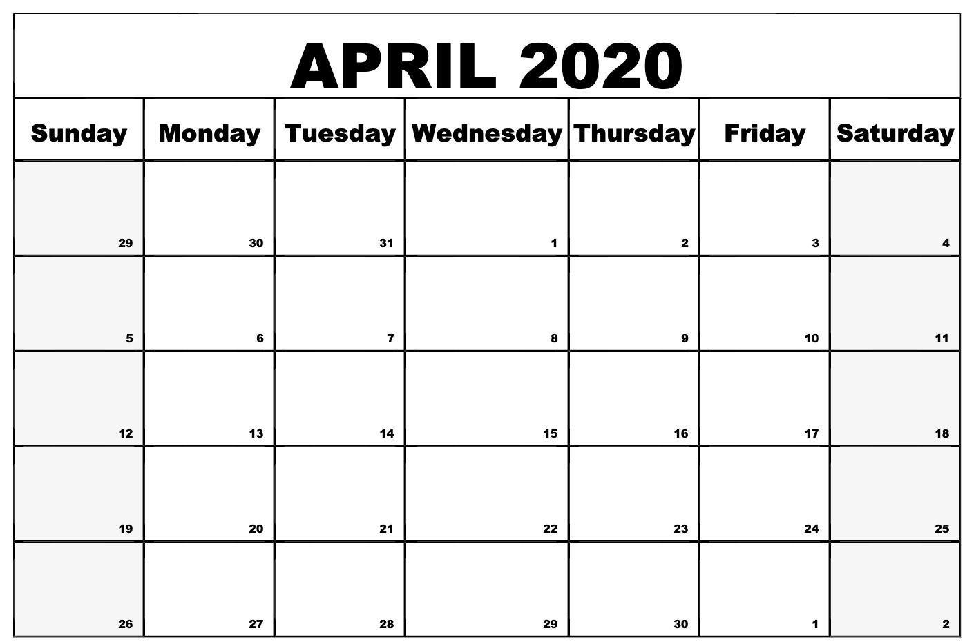 1410x933 Blank April 2020 Calendar. Monthly calendar template, Blank