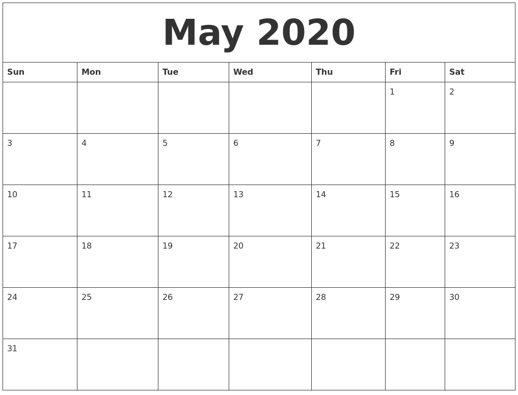 1017x777 tuyệt vời Tháng 5 năm 2020 Mẫu Lịch PDF, Word, Excel