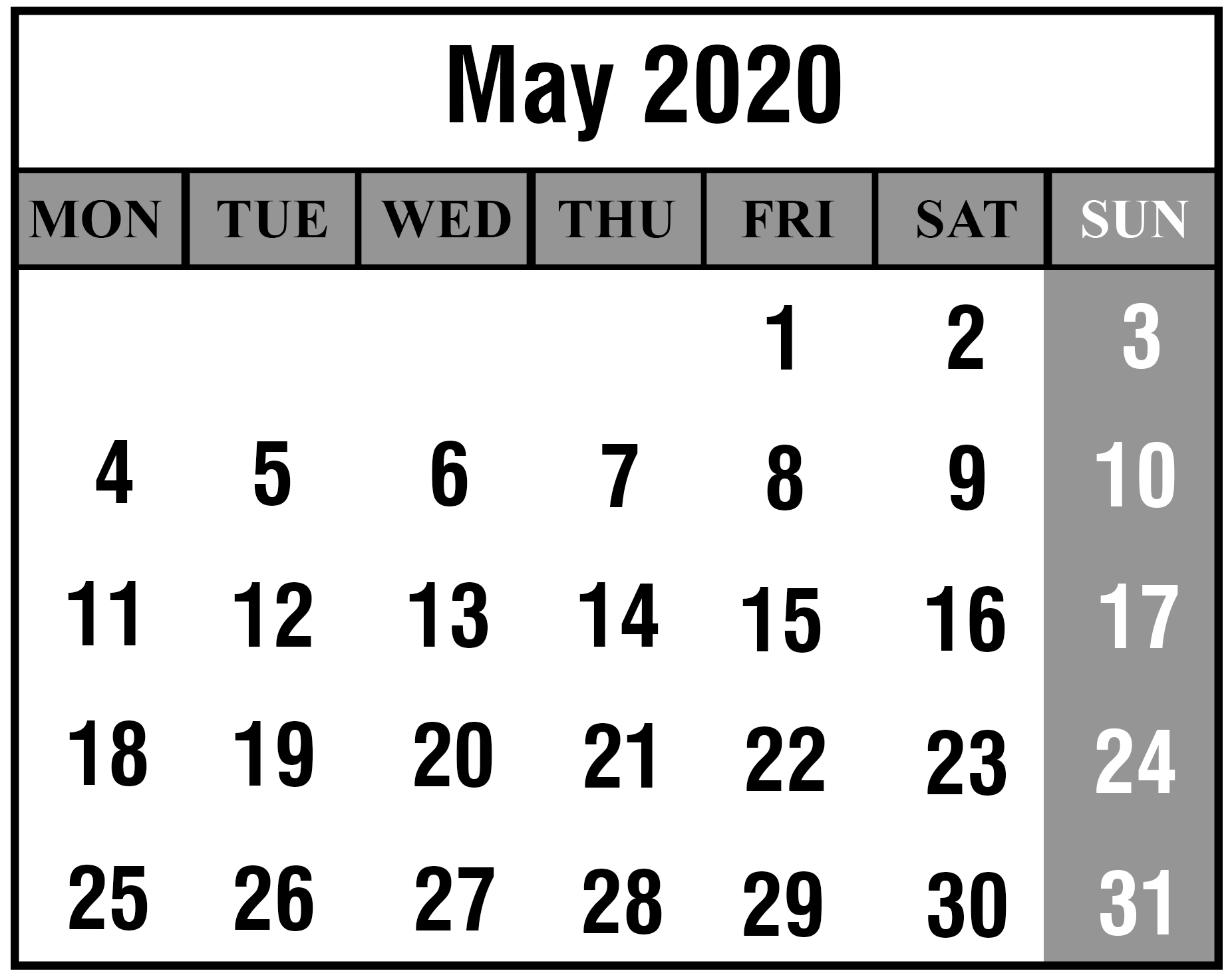 1852x1473 Tải xuống miễn phí Lịch có thể in tháng 5 năm 2020 PDF, Excel & Word