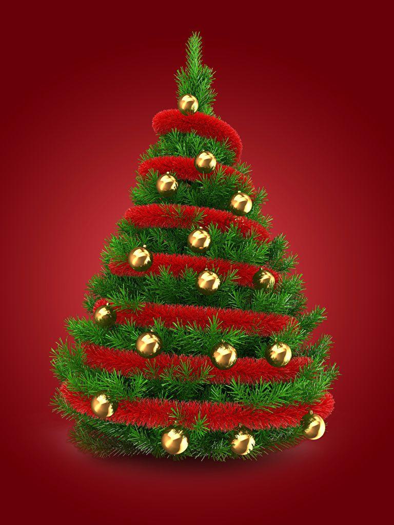 768x1024 Photos New year Christmas tree Balls Red background