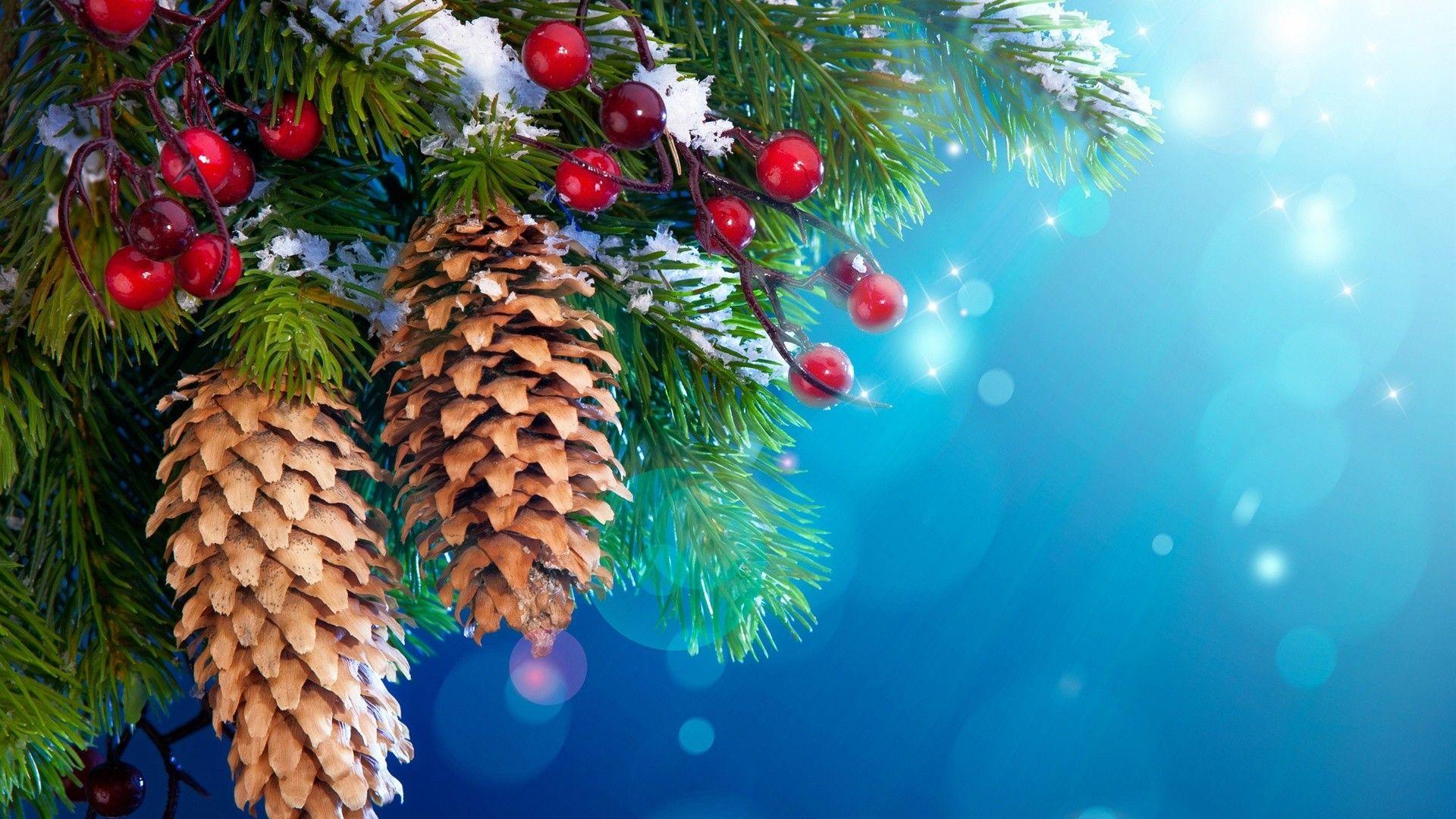 1920x1080 New Year Christmas Tree Decoration Snow Twigs Berries
