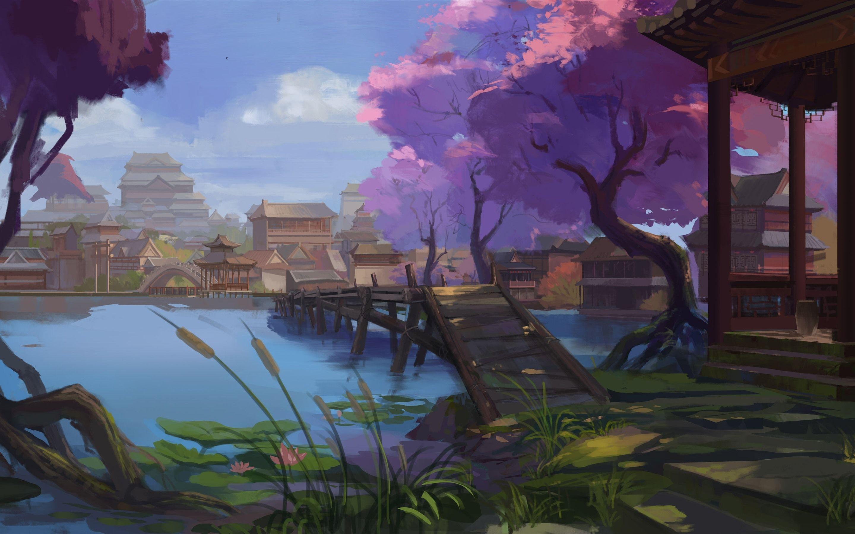 2880x1800 Watercolor painting, China, village, retro style 828x1792