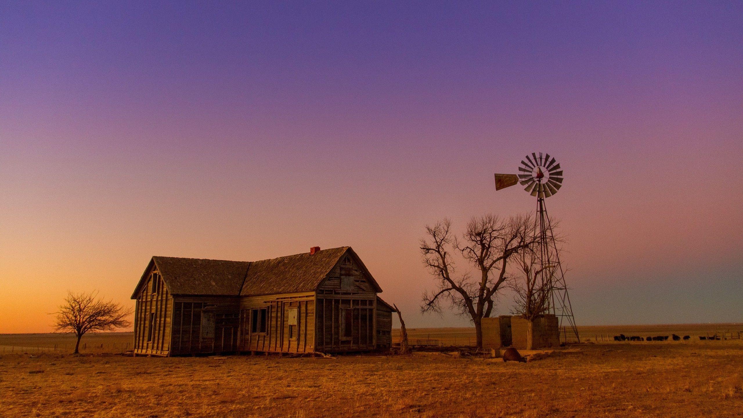 2560x1440 windmill wallpaper background. Old barn and windmill