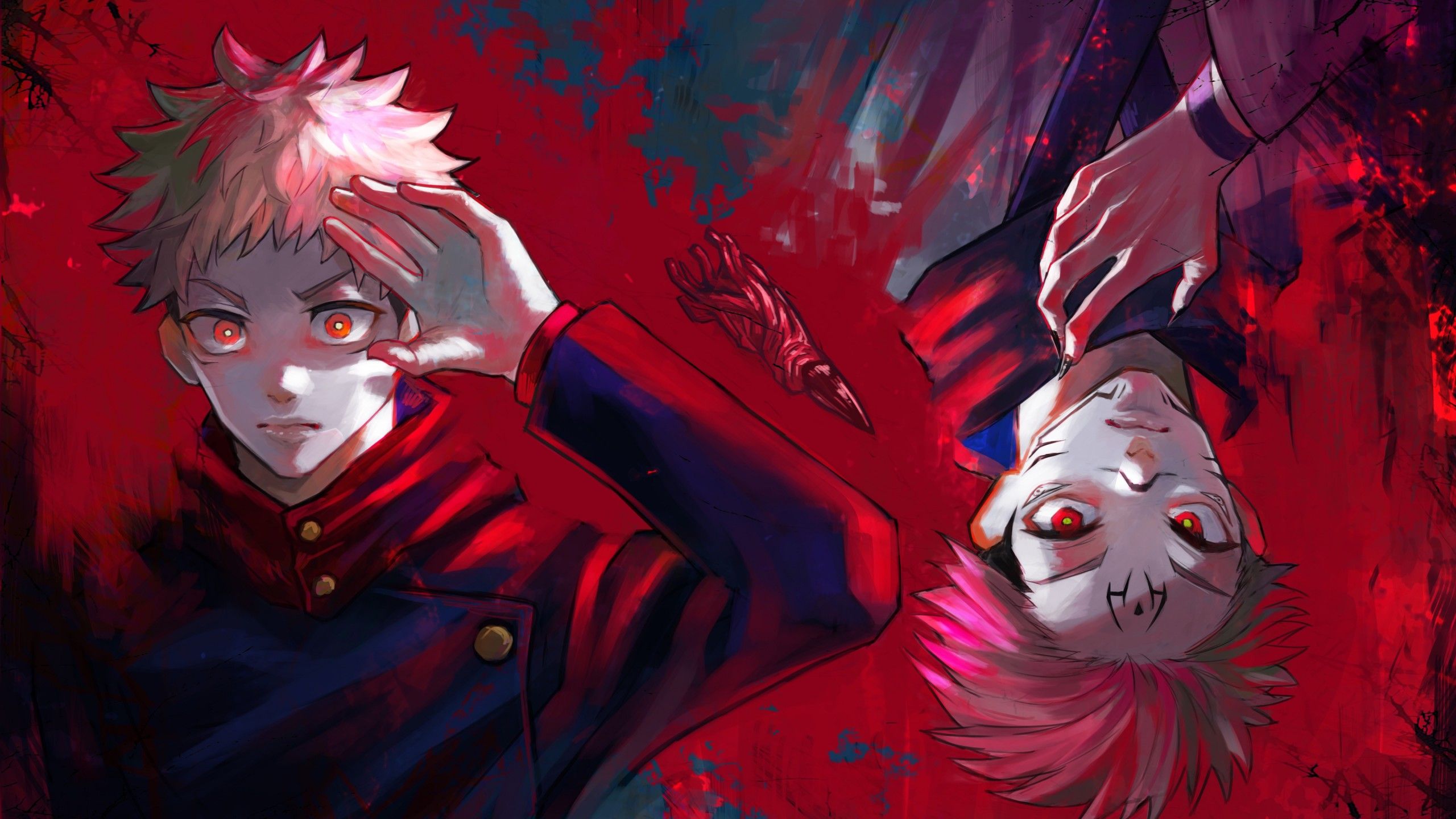 2560x1440 Sukuna Yuji Itadori Pink Hair Red Eyes