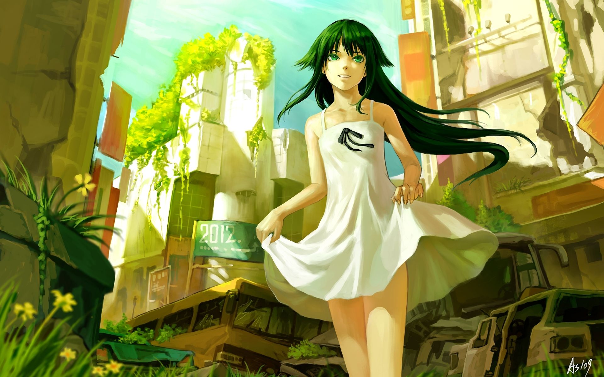 1920x1200 Wallpaper girl, the city, plants, dress