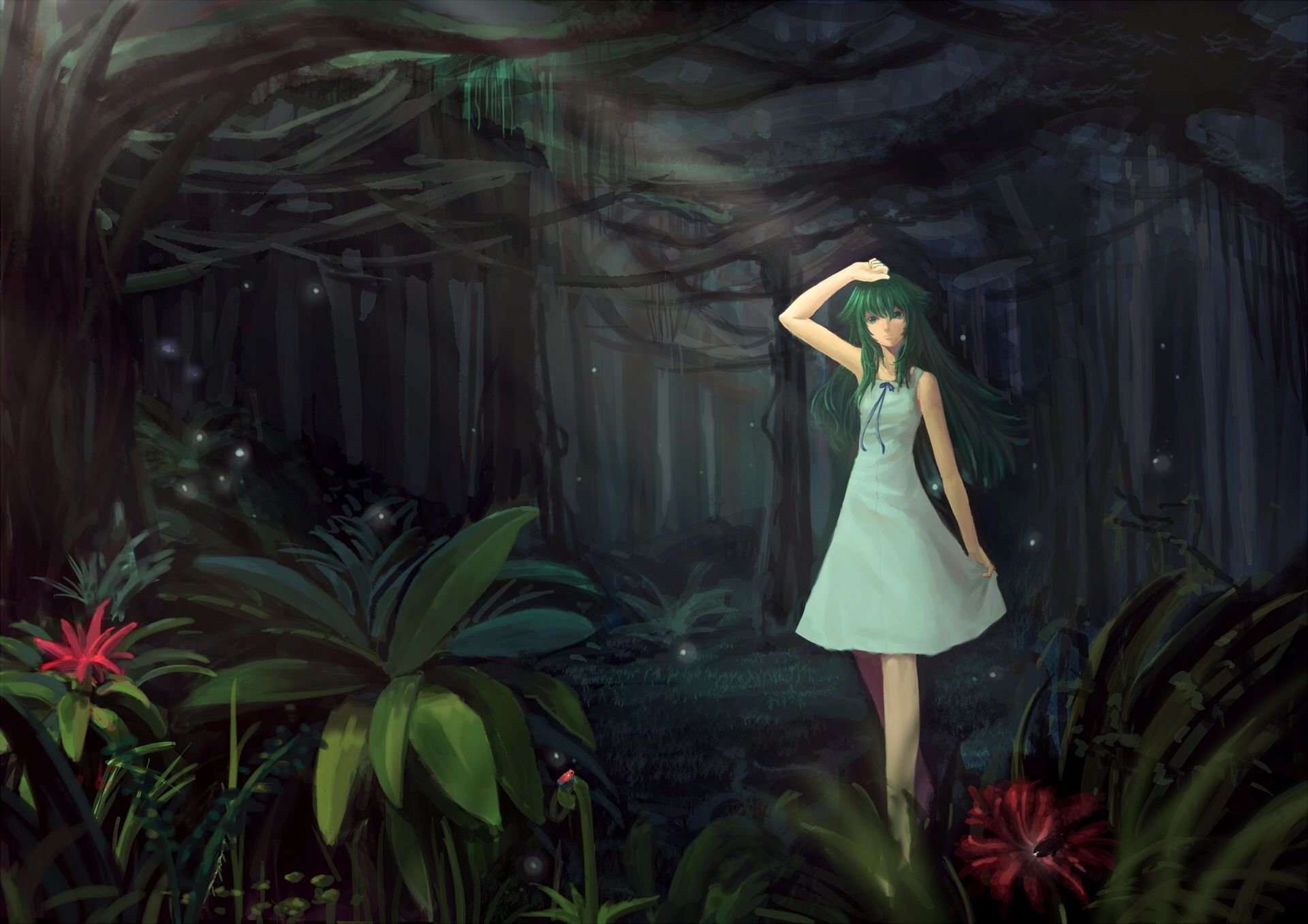 1920x1357 Wallpaper forest, flowers, fireflies