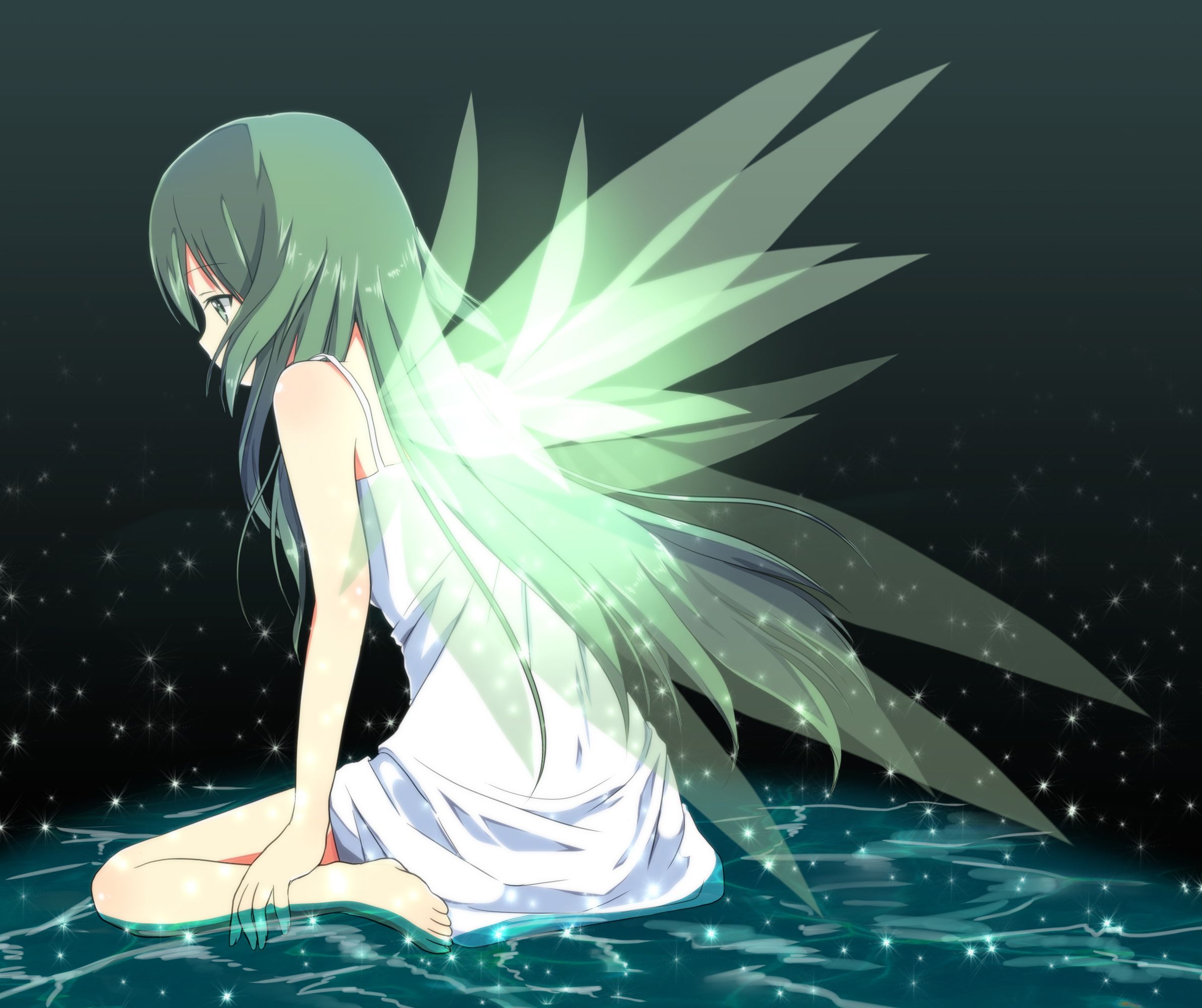 2385x2000 Wallpaper water, girl, wings, anime