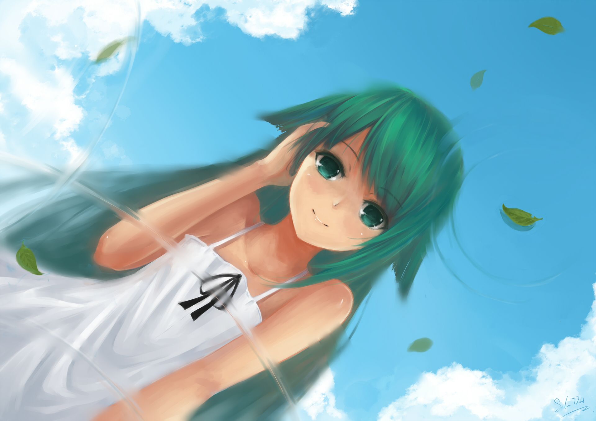 1920x1357 Wallpaper leaves, water, girl, clouds