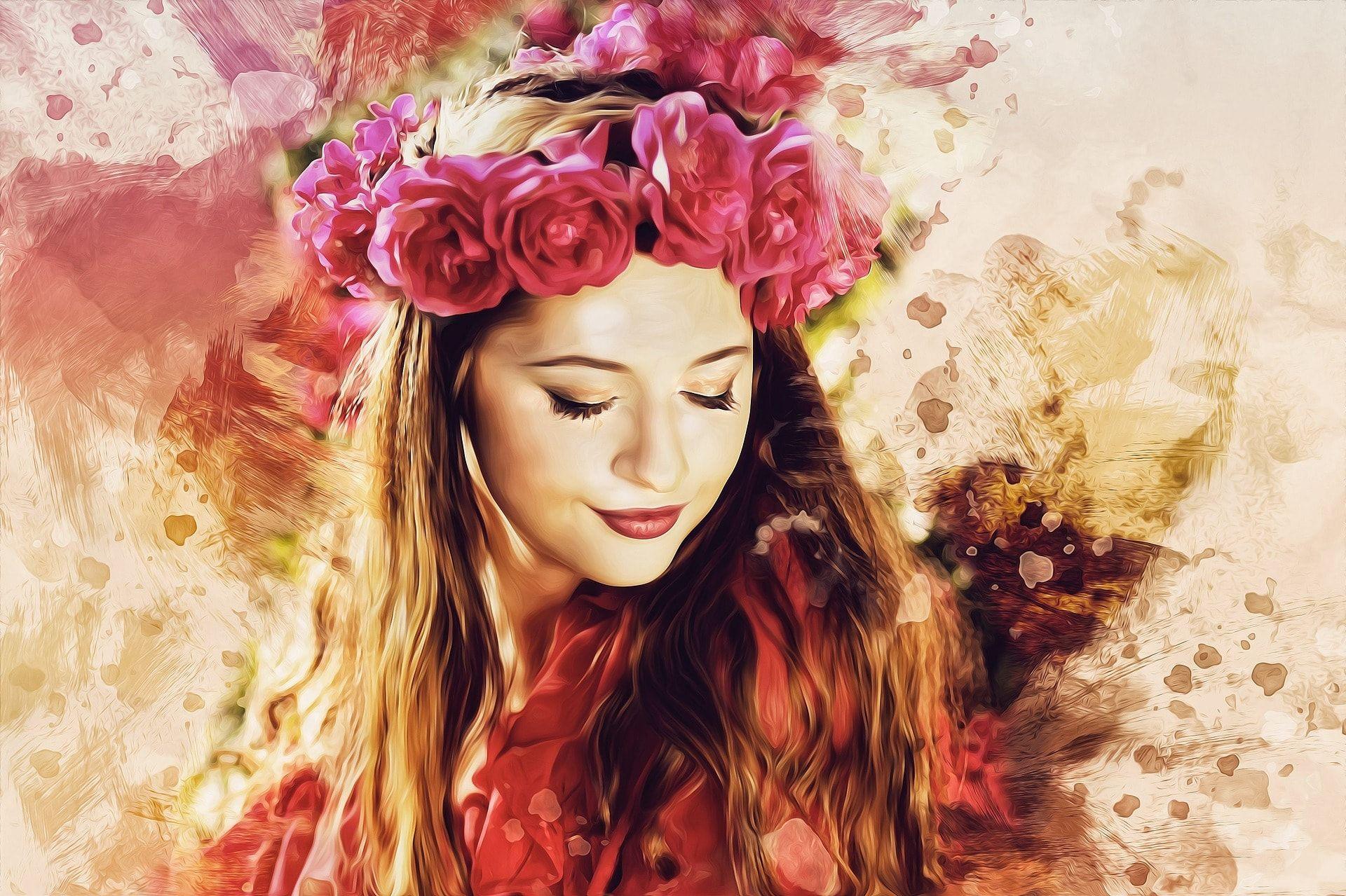 1920x1279 digital art brunette flower tiara Wallpaper and Free