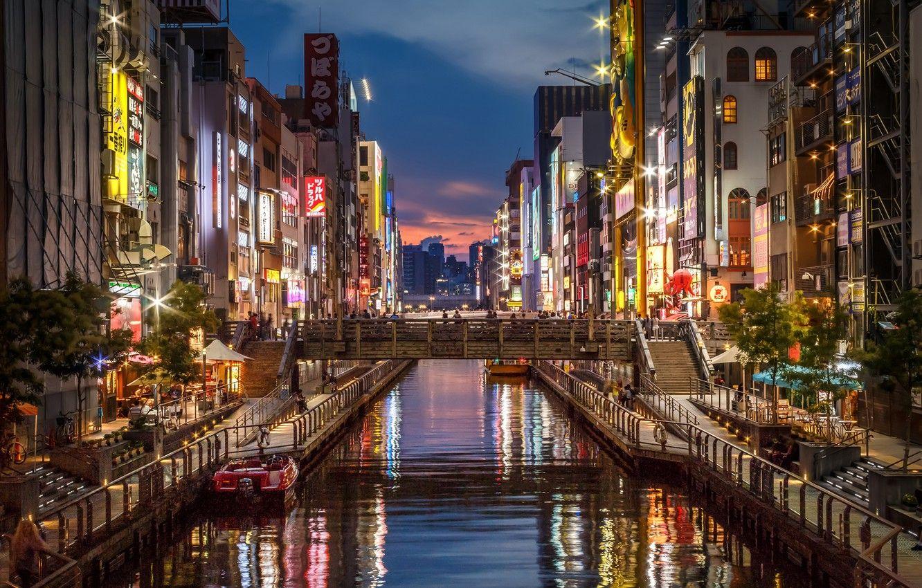 1332x850 Wallpaper night, bridge, lights, river, home, Japan, lights