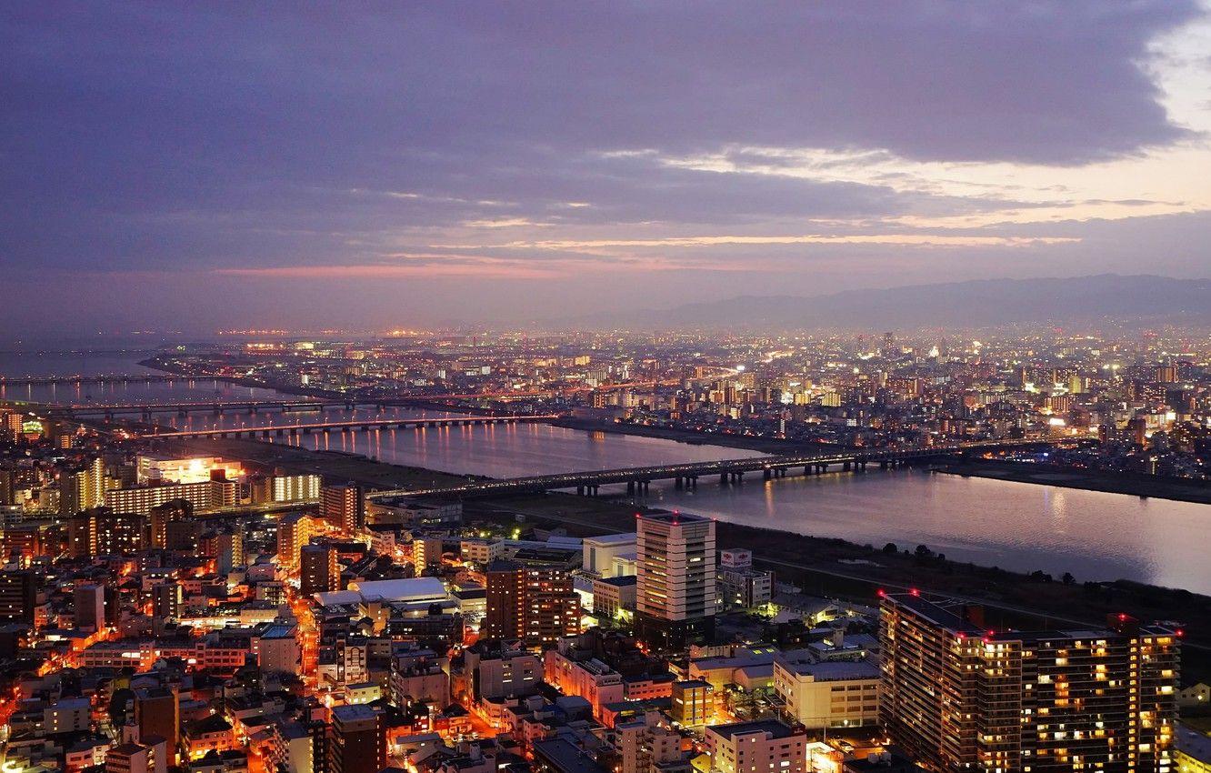 1332x850 Wallpaper Japan, twilight, sunset, bridges, dusk, Osaka