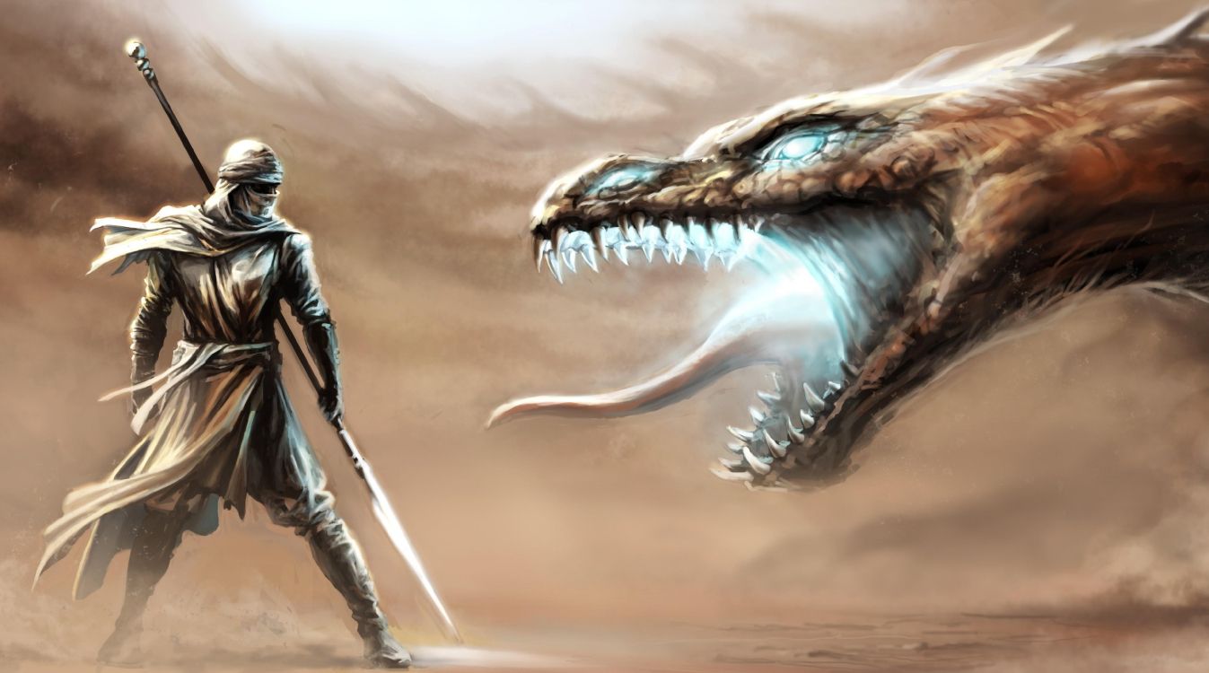 1347x750 Wallpaper Man in Black and White Suit Holding Sword Standing Beside Blue and White Dragon, Background Free Image