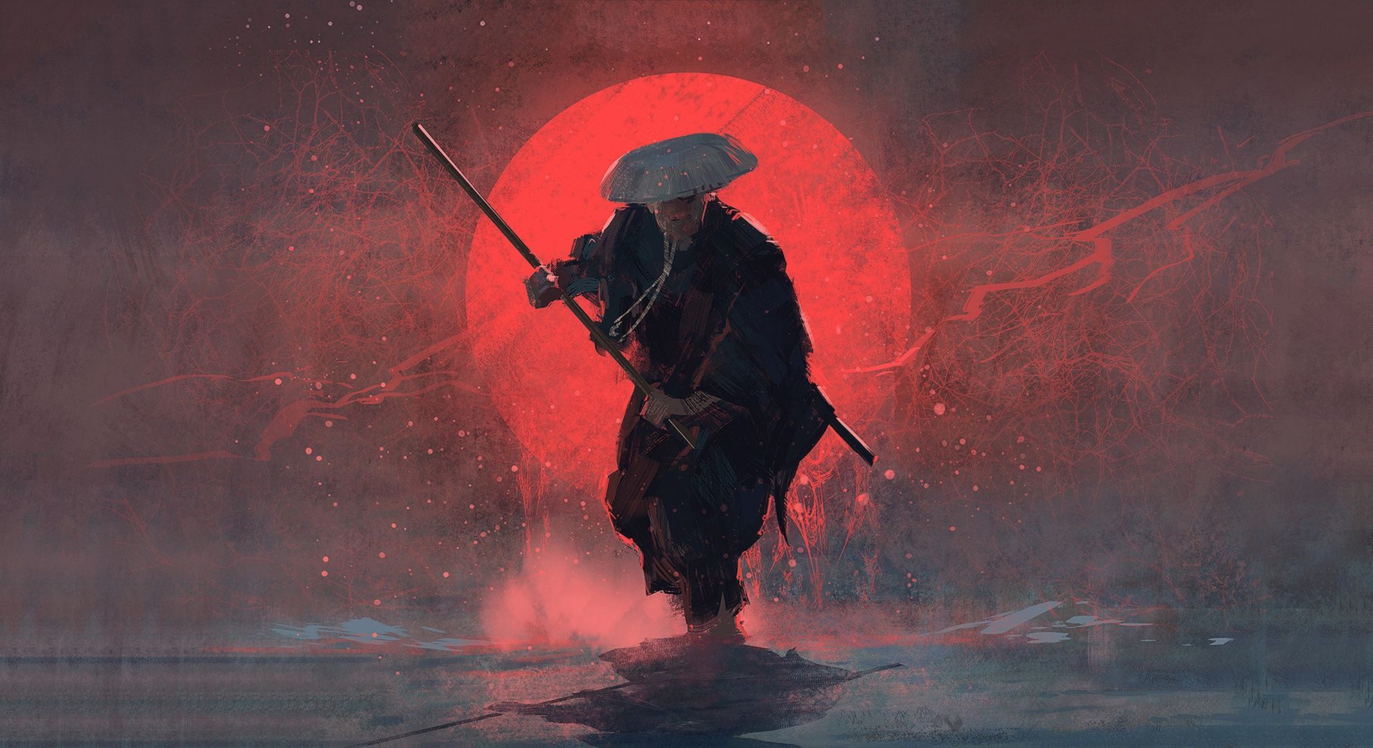 1981x1080 Wallpaper sword, weapon, hat, art, sun, man, painting, stick for mobile and desktop, section арт, resolution 1981x1080