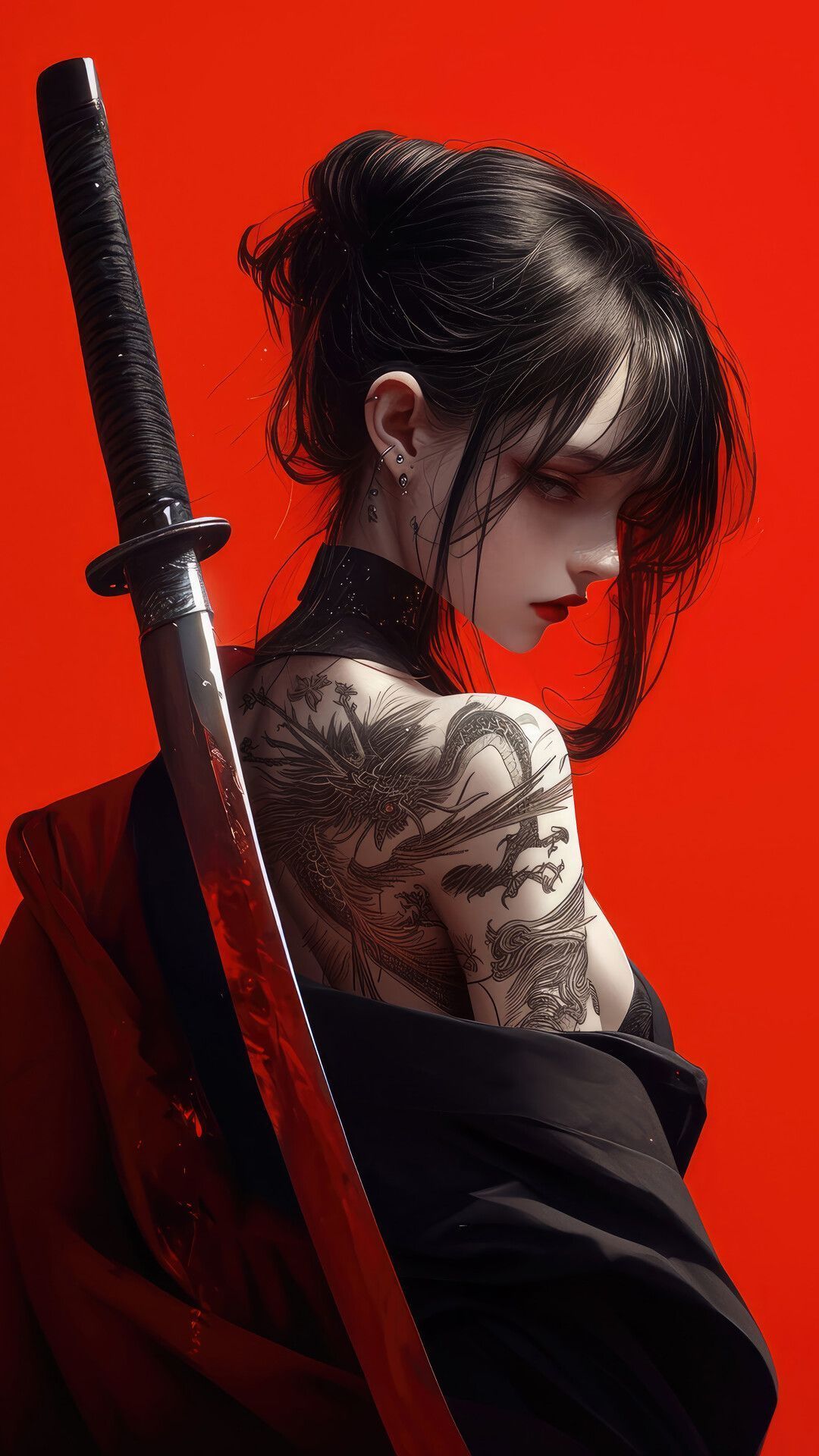 1080x1920 Anime Girl Katana Tattoo 4K Wallpaper