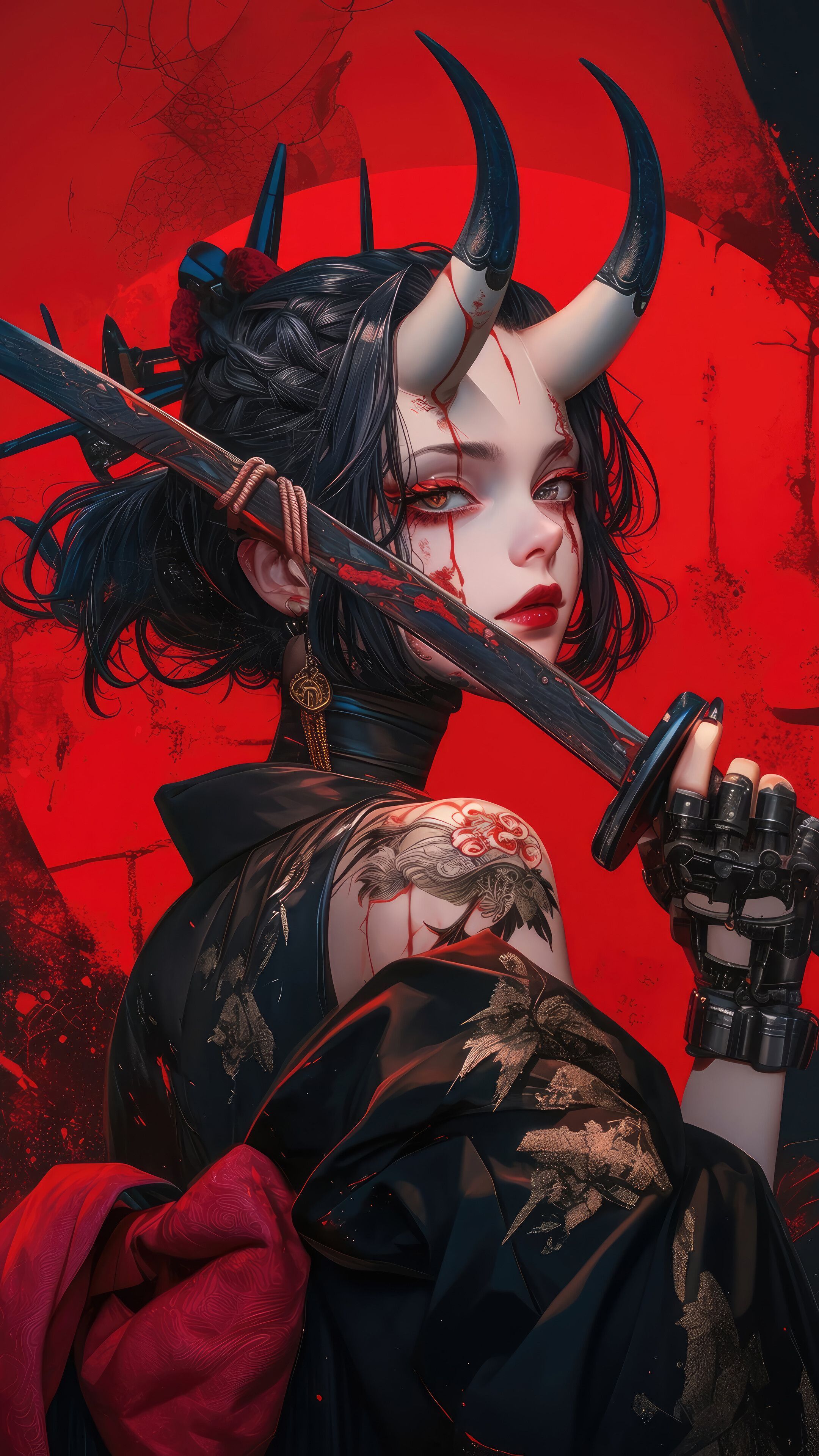 2160x3840 Anime Girl Horn Katana Fantasy 4K