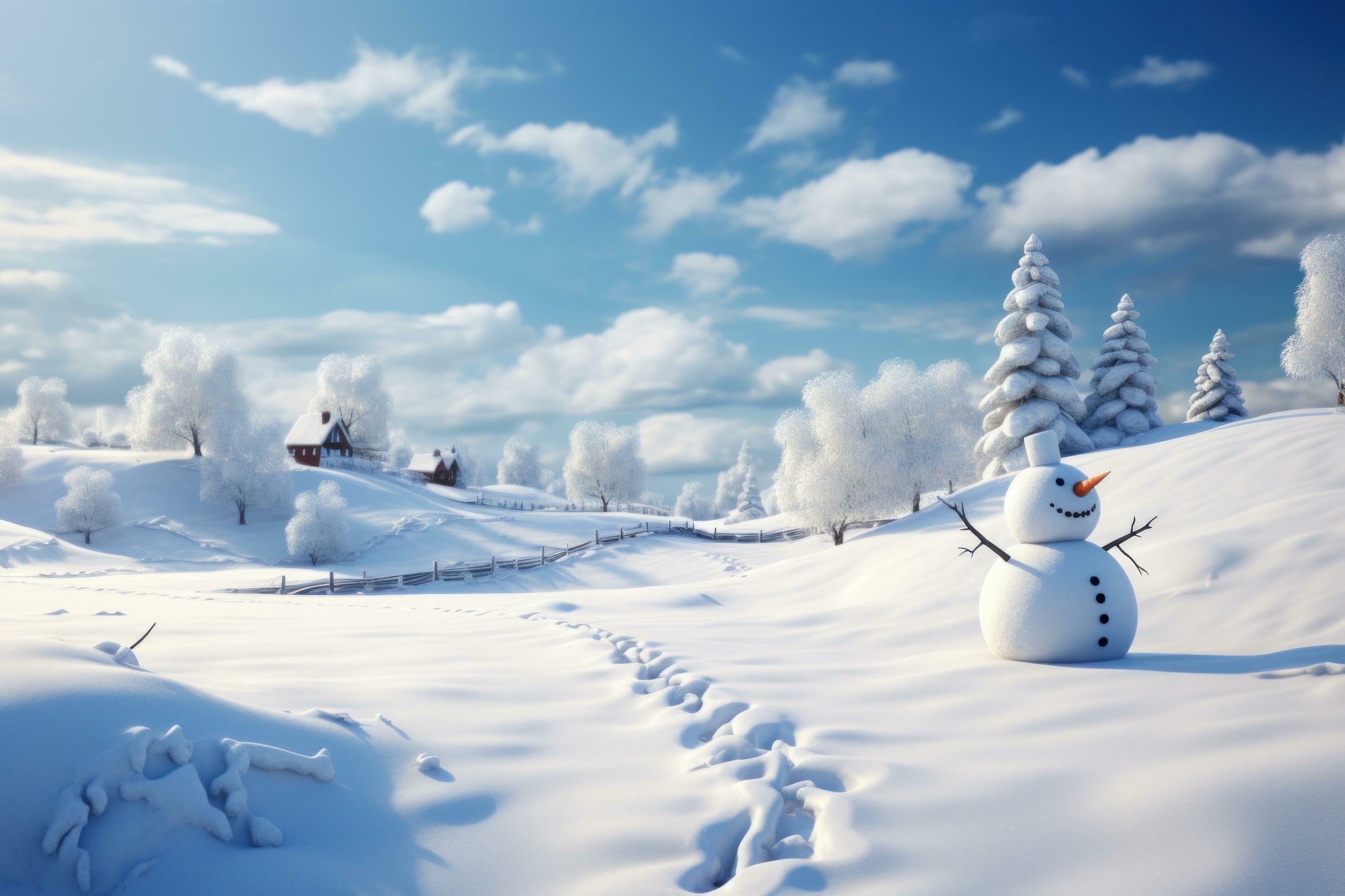 2940x1960 a snowman is standing in a snow field
