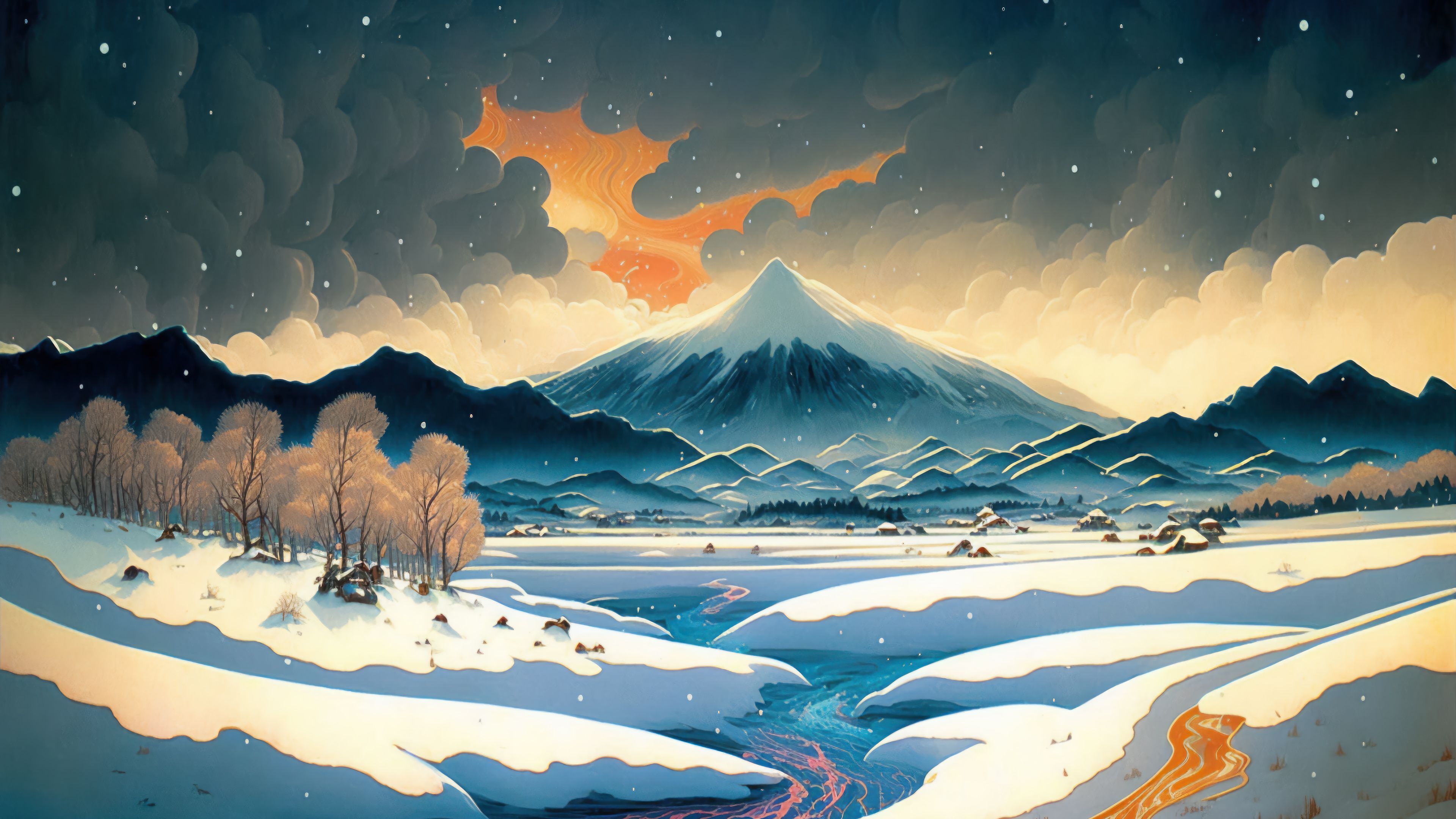 3840x2160 Snow Field Mountain Sky Clouds Scenery