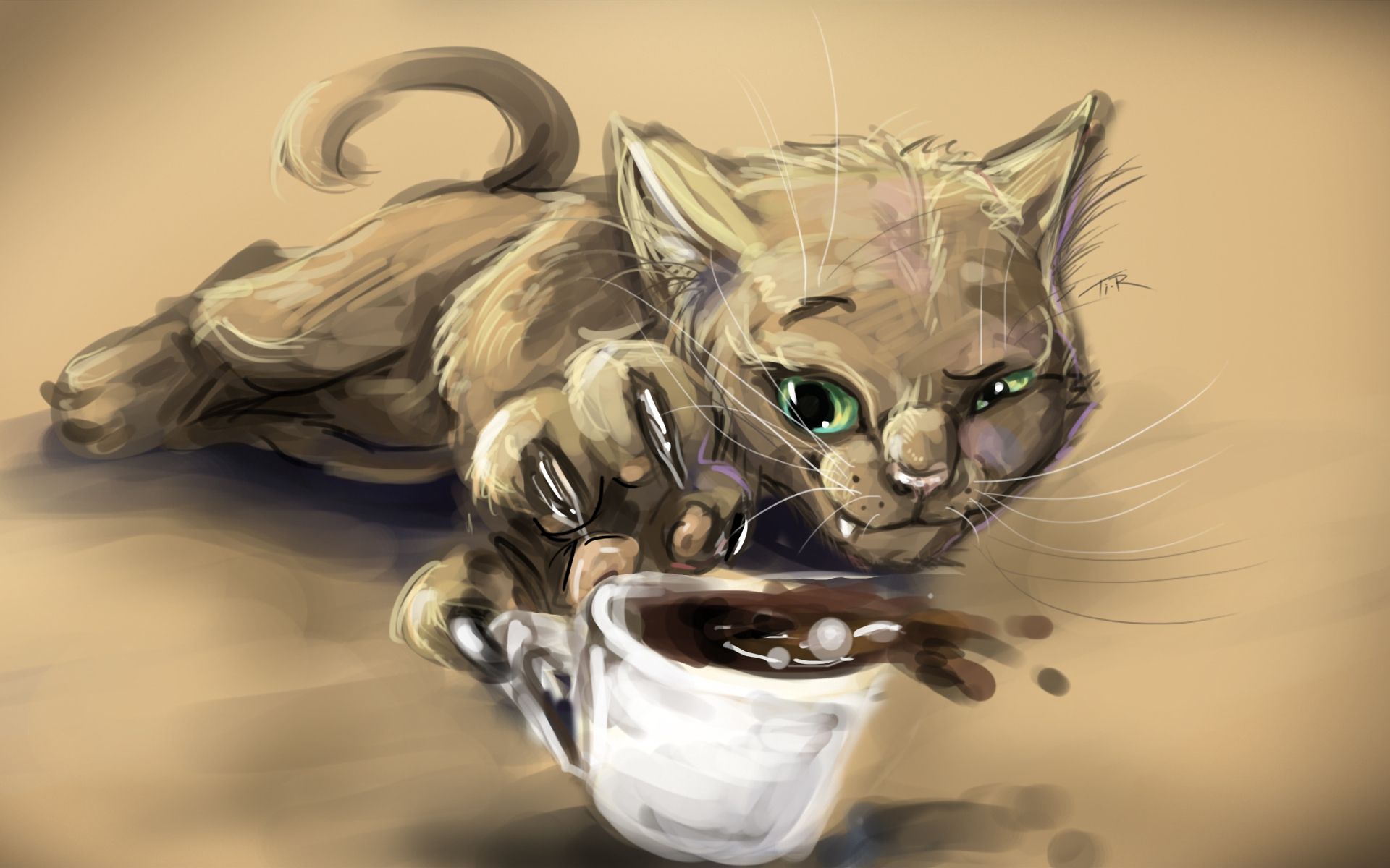 1920x1200 Wallpaper coffee, Cat, Cup, claws