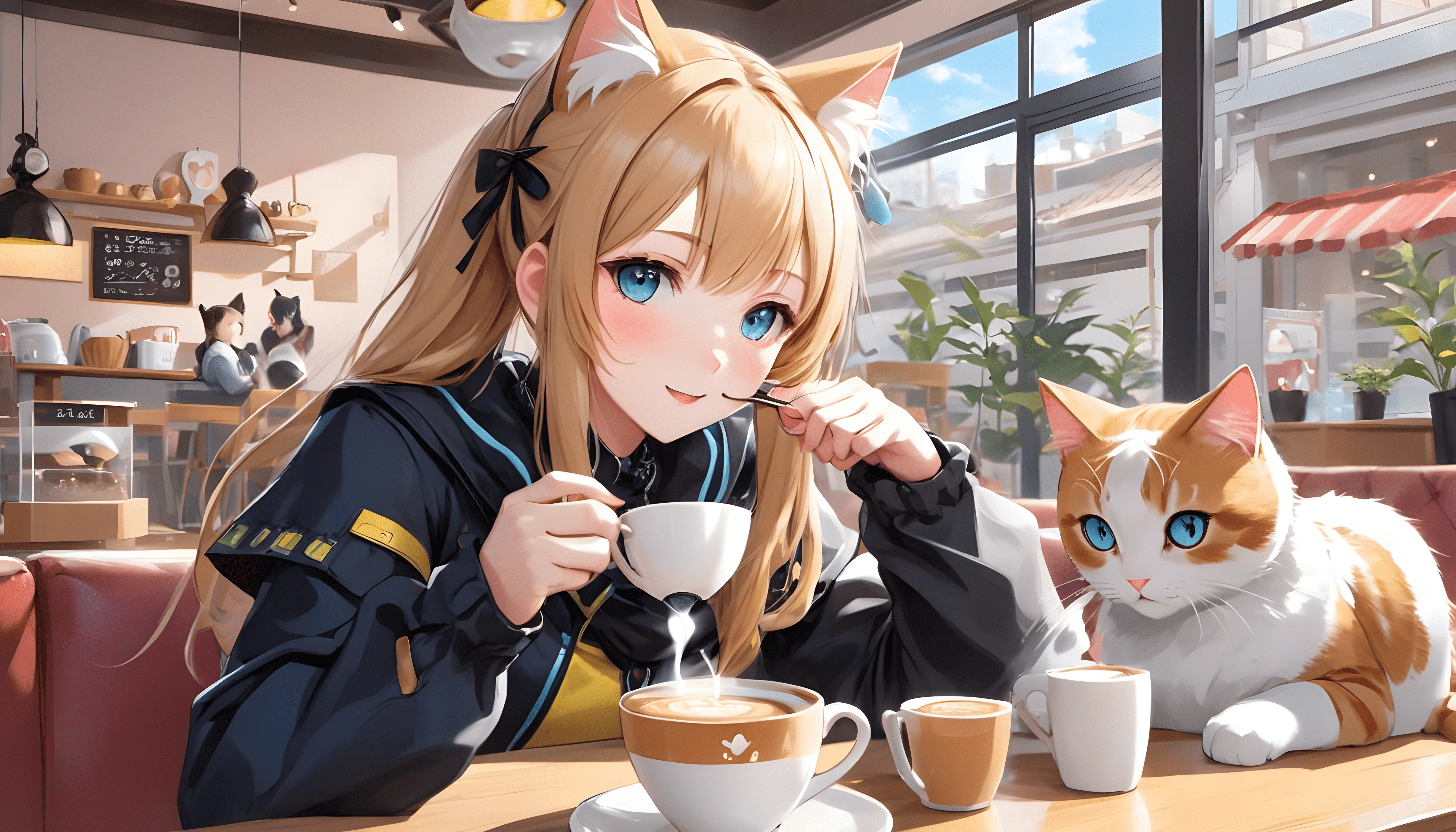5376x3072 Download AI Art Cat Girl Cat Cafe Anime
