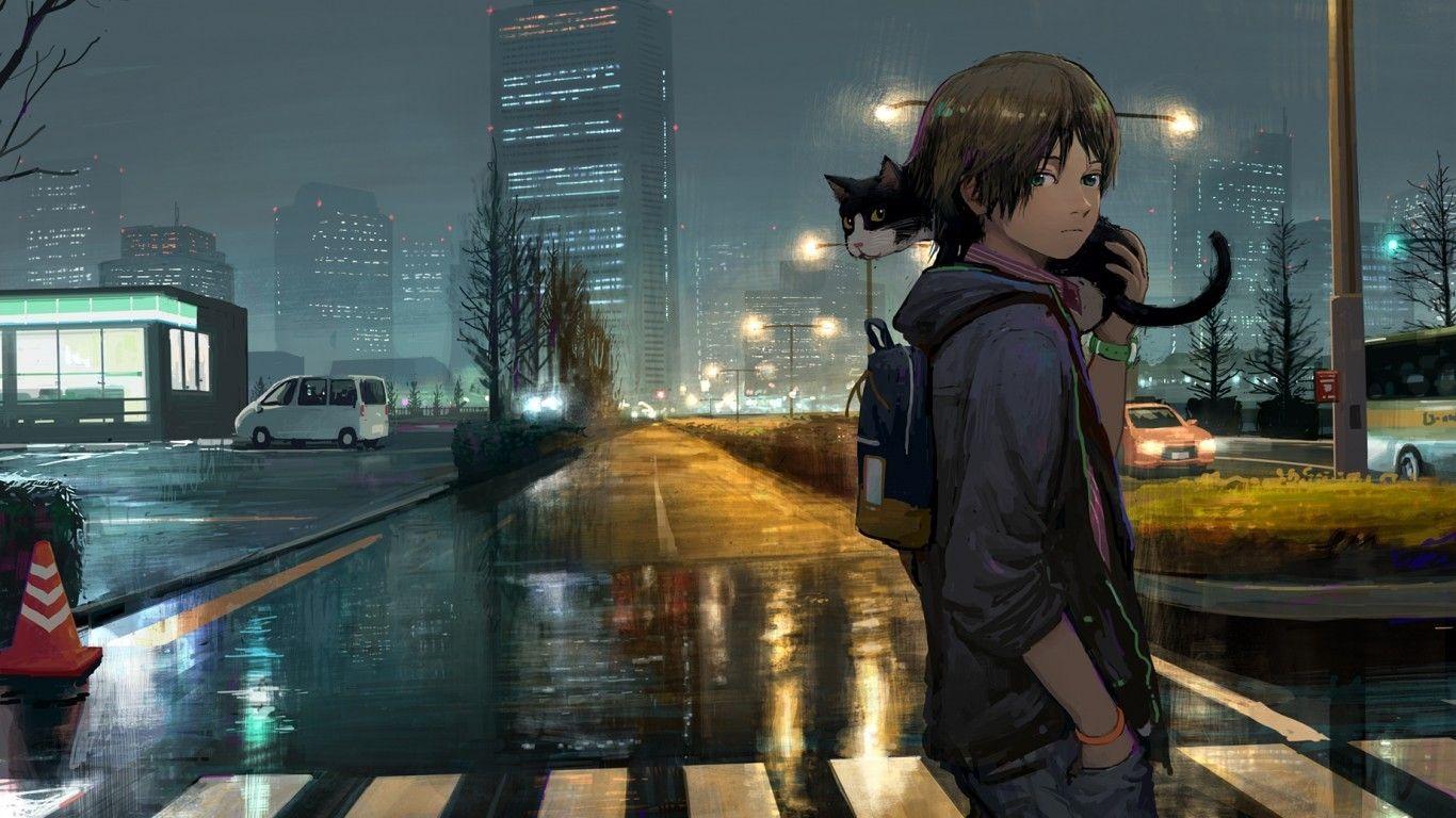 1366x768 Download 1366x768 Anime Boy, Streets, Cat, Walking, Night