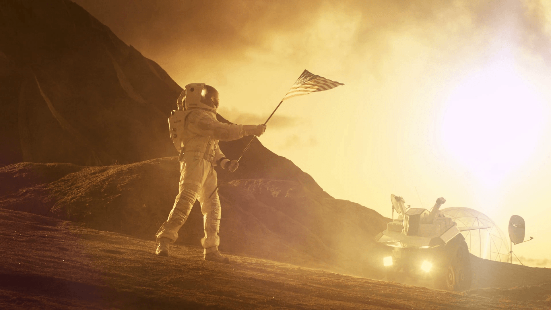 1920x1080 Astronaut Wearing Space Suit Waves American Flag on the Red Planet