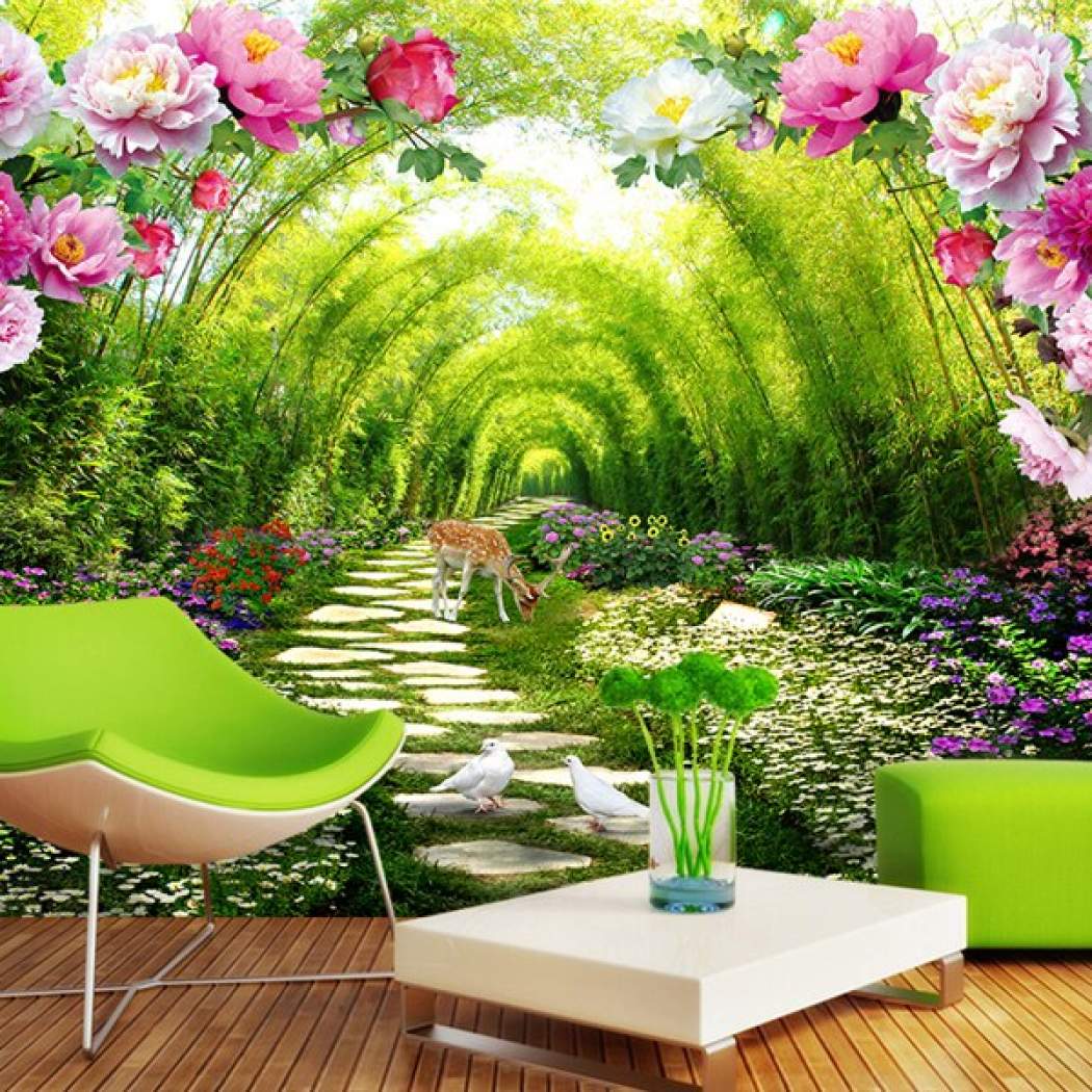 1050x1050 Interior Decoration Self definition Size 3D Garden Green Lined Flower Door Wall Wall Painting Wallpaper