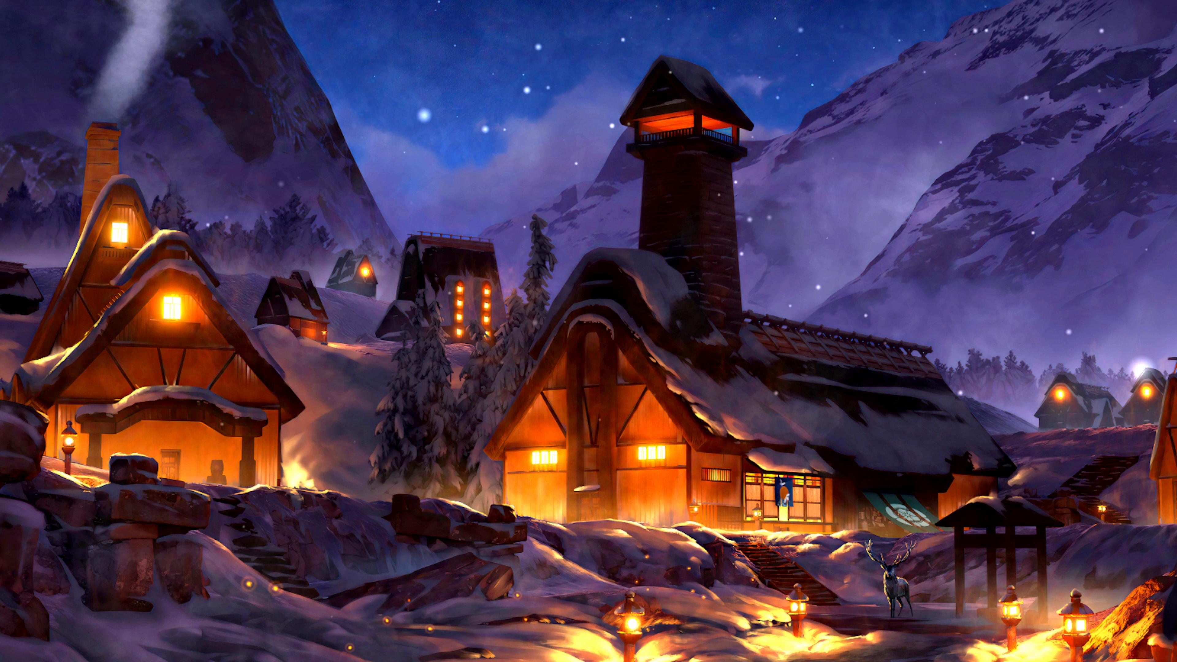 3840x2160 Cozy Winter Village Live Wallpaper