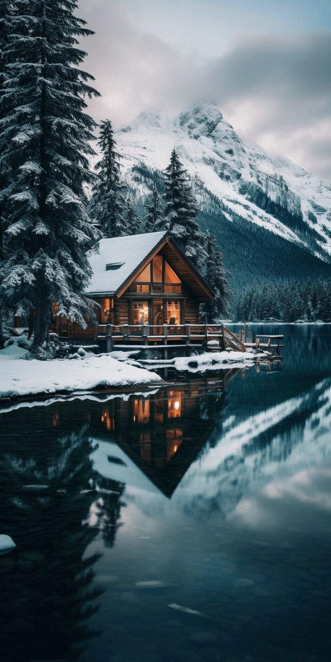 680x1360 Cozy Winter Lake Cabin Wallpaper