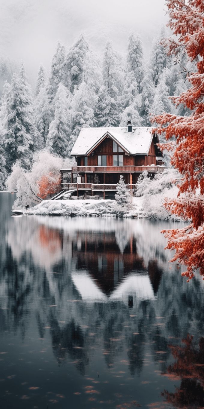 680x1360 Cozy Winter Lake Cabin Wallpaper