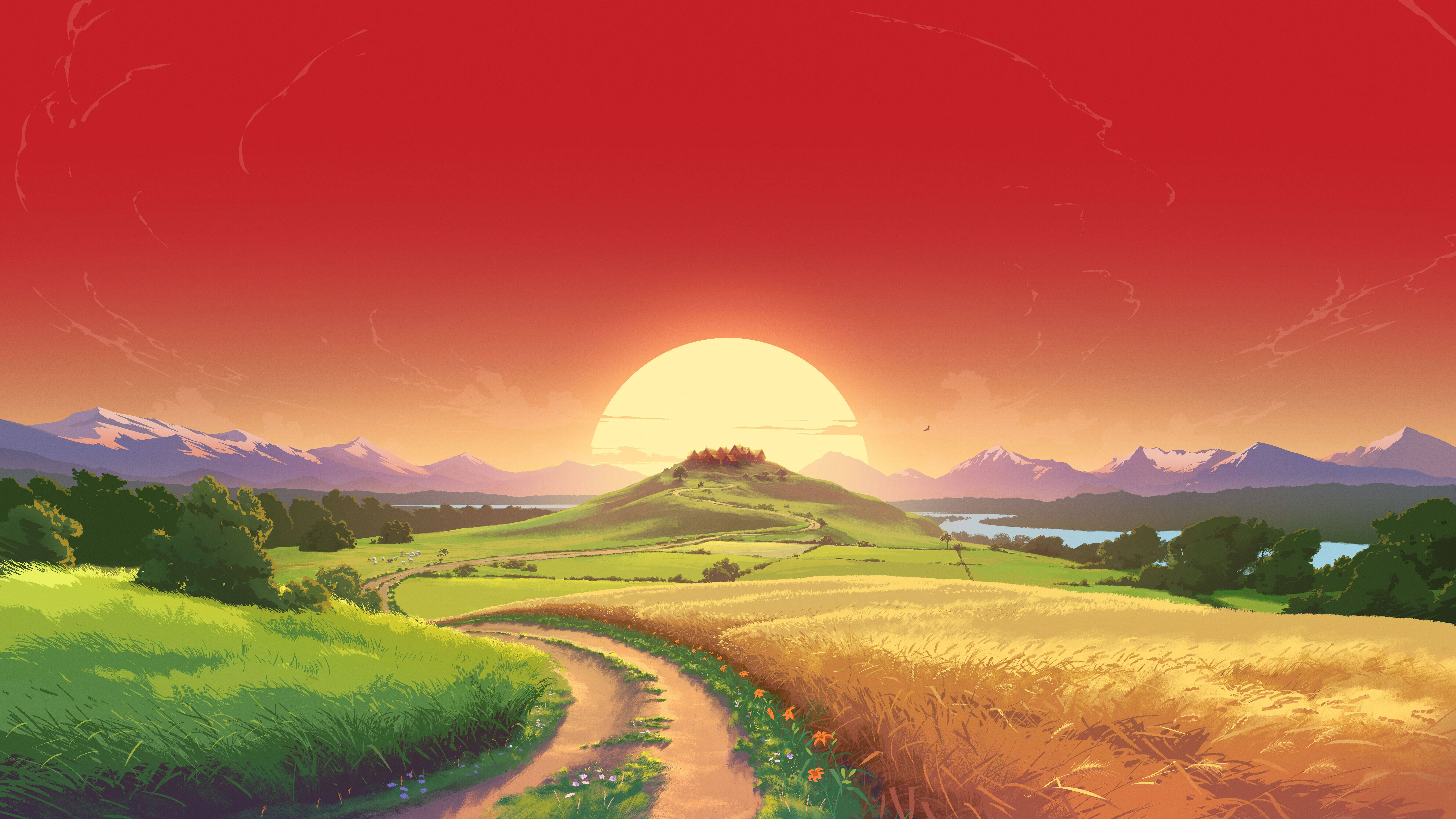 7680x4320 Download 12K Field And Sunset Wallpaper