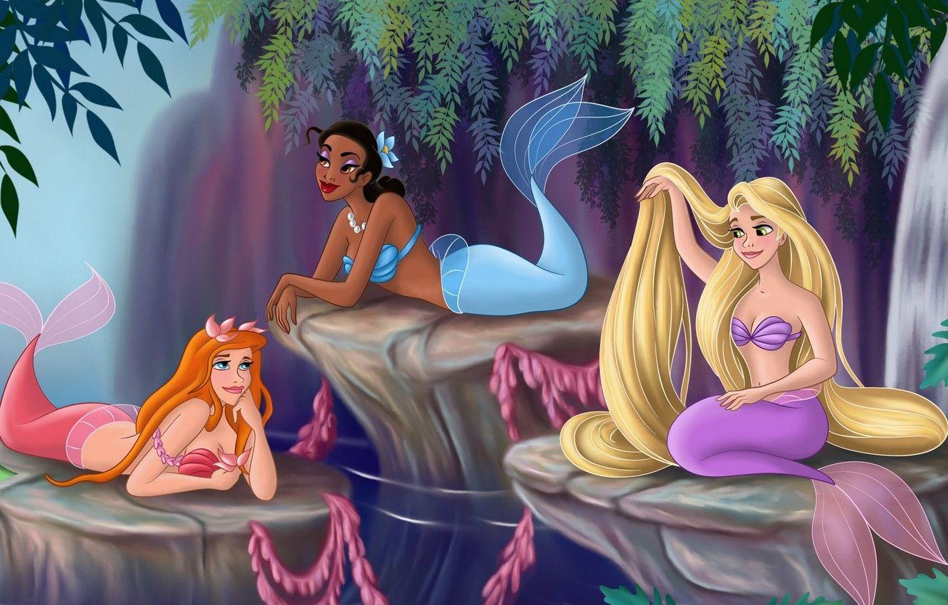 1332x850 Wallpaper forest, trees, waterfall, tale, Rapunzel, mermaid