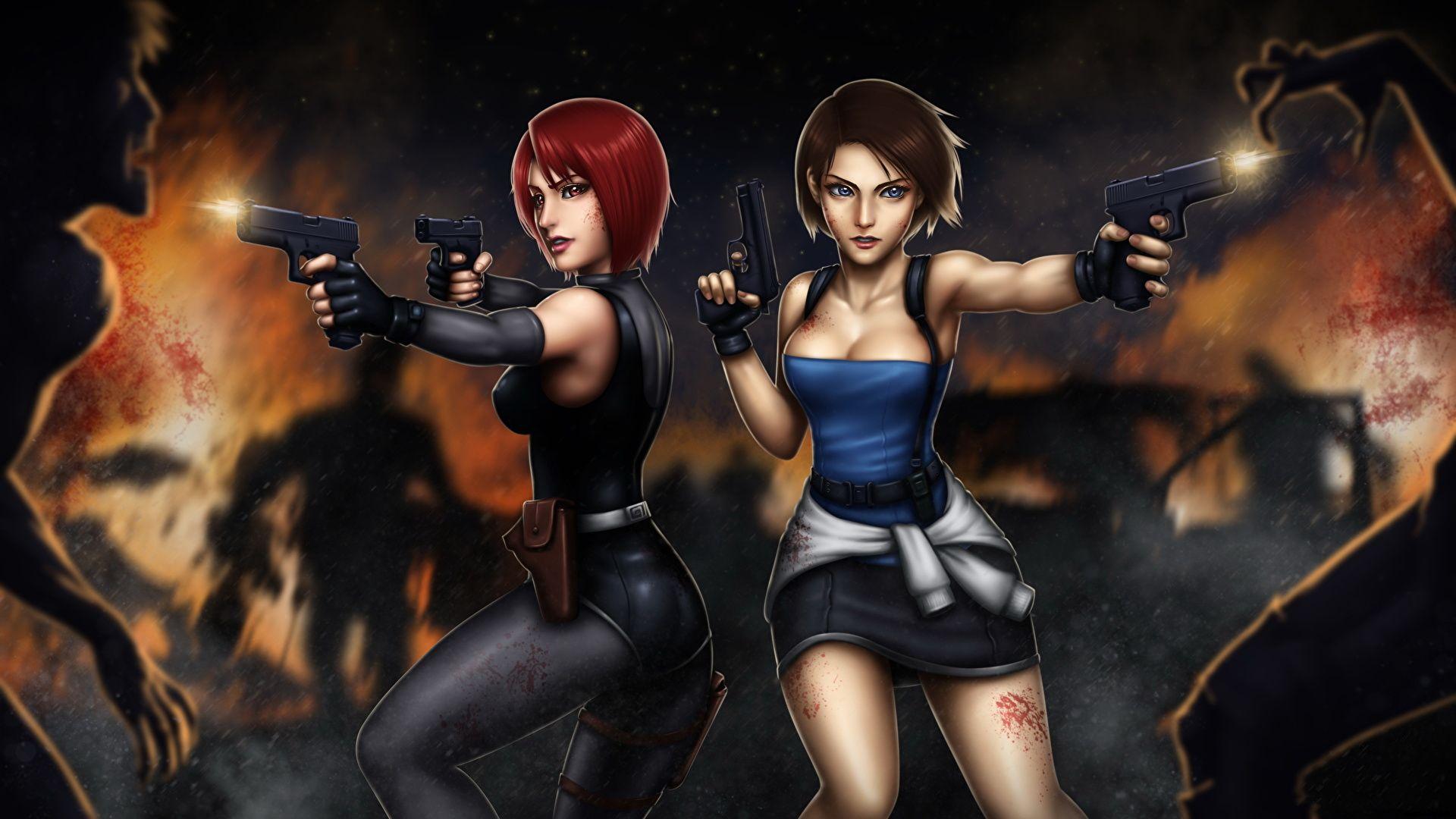 1920x1080 Wallpaper Resident Evil Zombie Firing Pistols Redhead girl