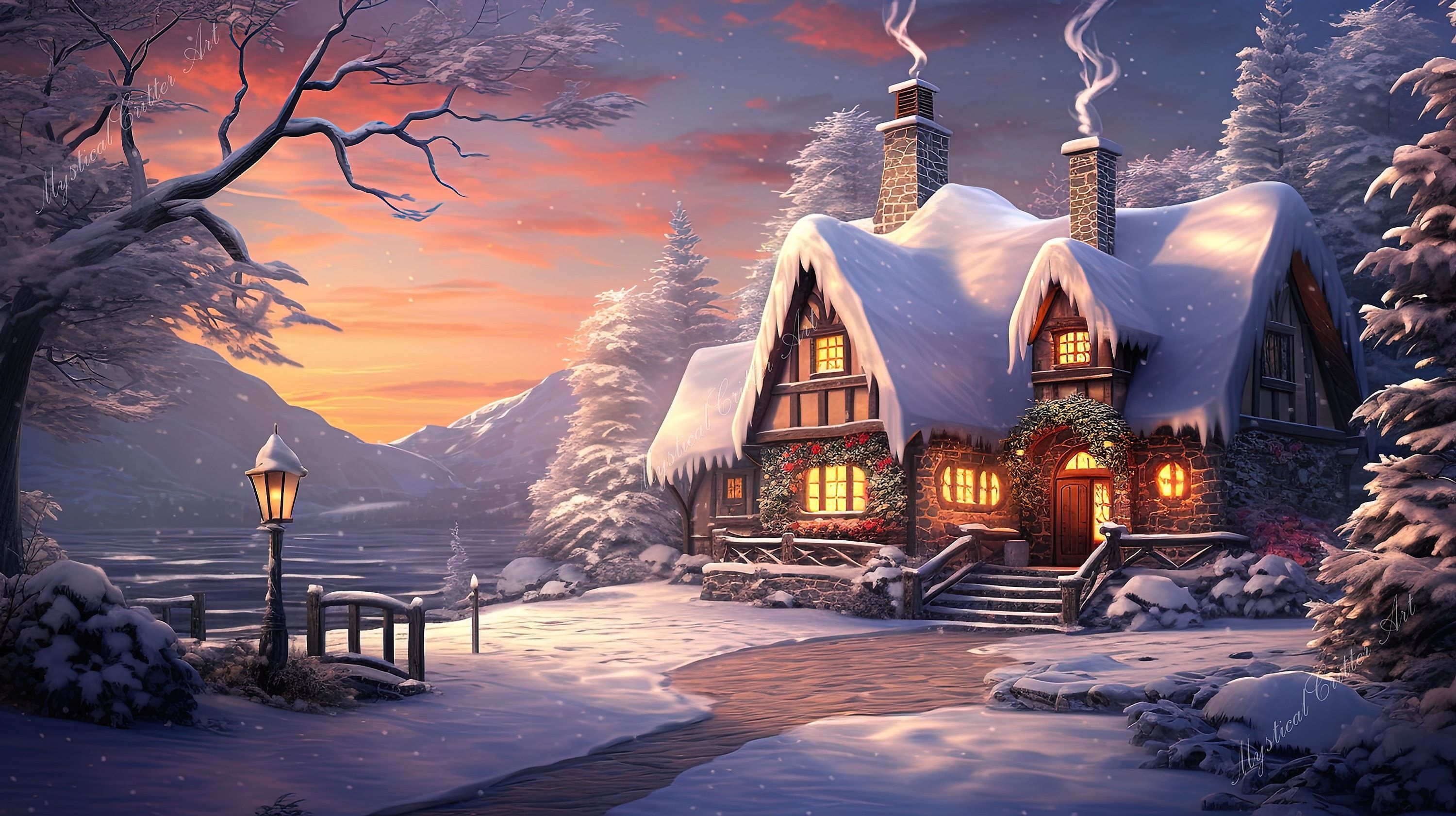 3000x1681 Christmas Cottage Desktop Wallpaper